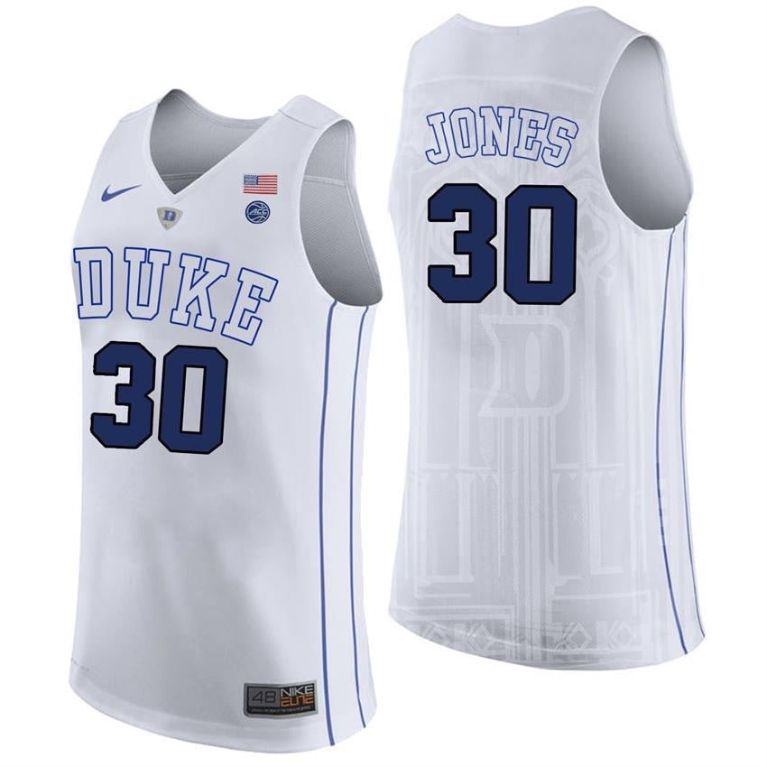 Male Duke Blue Devils 30 Dahntay Jones White College Basketball Player Performance Jersey