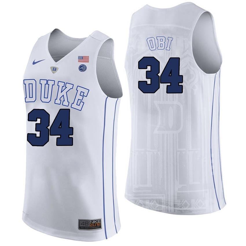 Male Duke Blue Devils 34 Sean Obi White College Basketball Player Performance Jersey