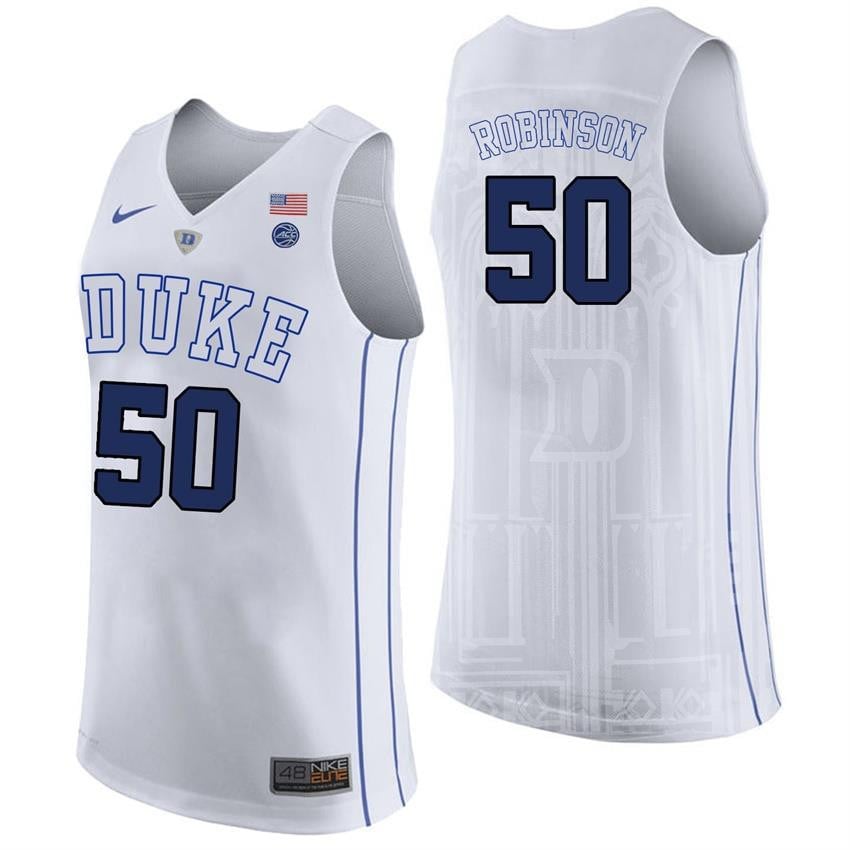 Male Duke Blue Devils 50 Justin Robinson White College Basketball Player Performance Jersey
