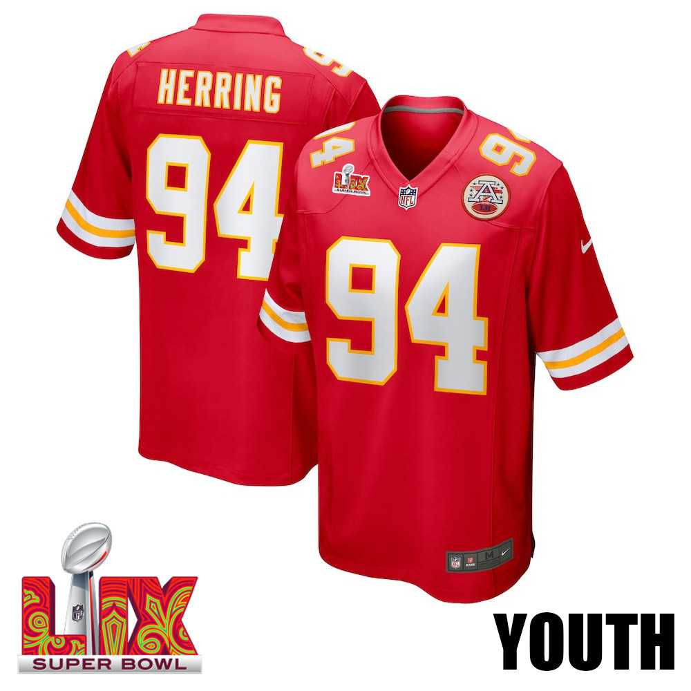Malik Herring #94 Kansas City Chiefs Super Bowl Lix Youth Jersey - Red Js4207