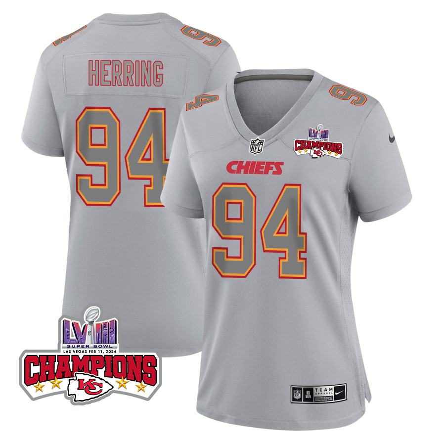 Malik Herring 94 Kansas City Chiefs Super Bowl Lviii Champions 4 Stars Patch Atmosphere Fashion Game Women Jersey - Gray Js3707