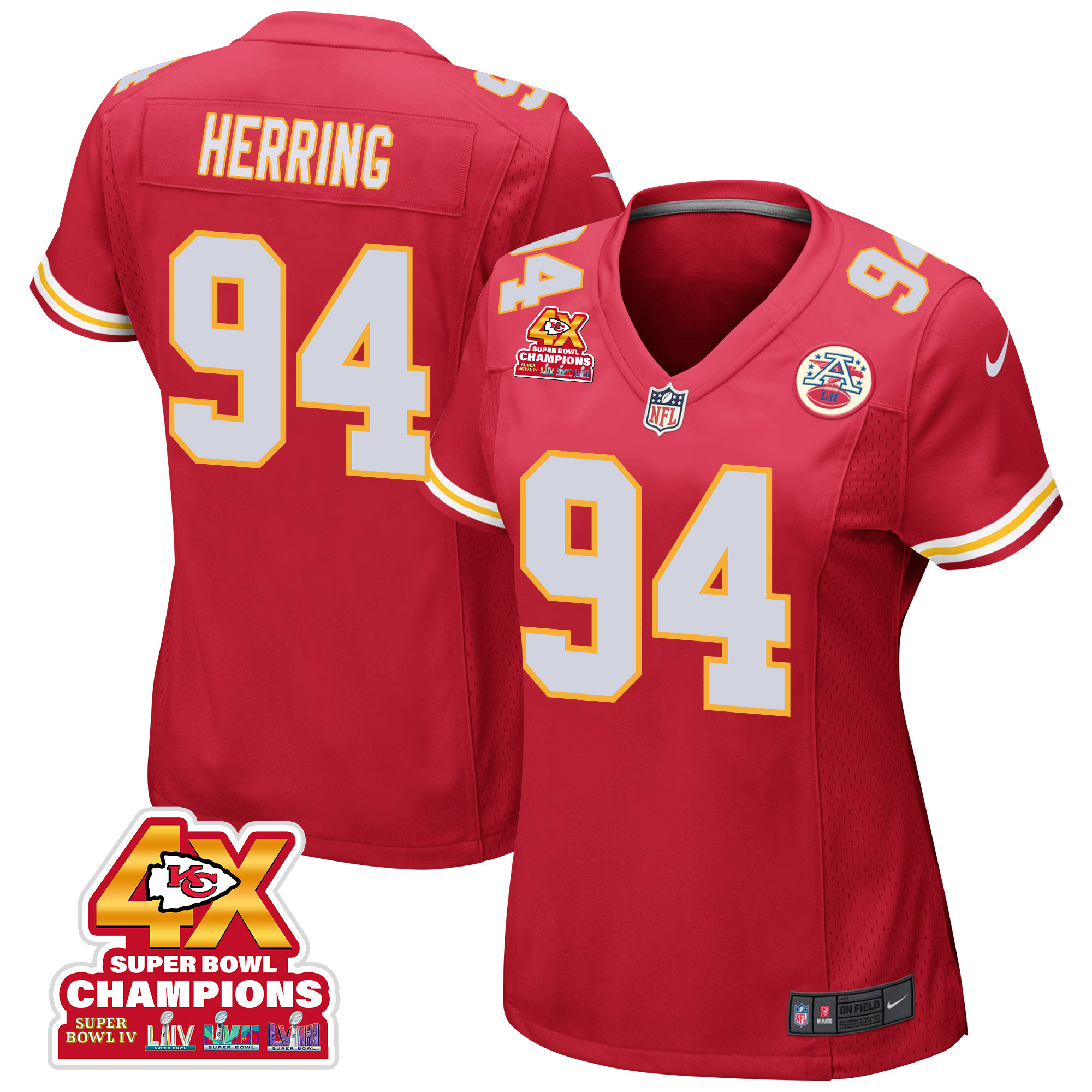 Malik Herring 94 Kansas City Chiefs Super Bowl Lviii Champions 4x Game Women Jersey - Red Js9781