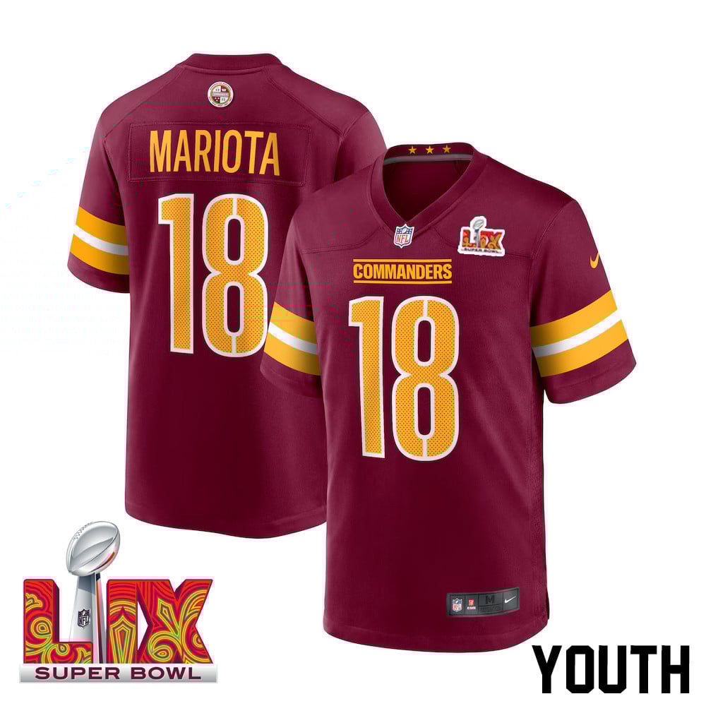 Marcus Mariota #18 Washington Commanders Super Bowl Lix Youth Jersey - Burgundy Js2223