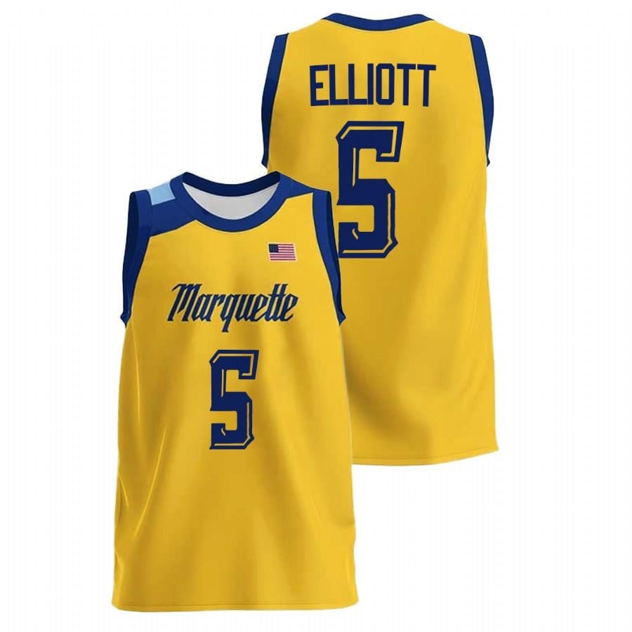 Marquette Golden Eagles 5 Greg Elliott 2022 Gold College Basketball Men Jersey