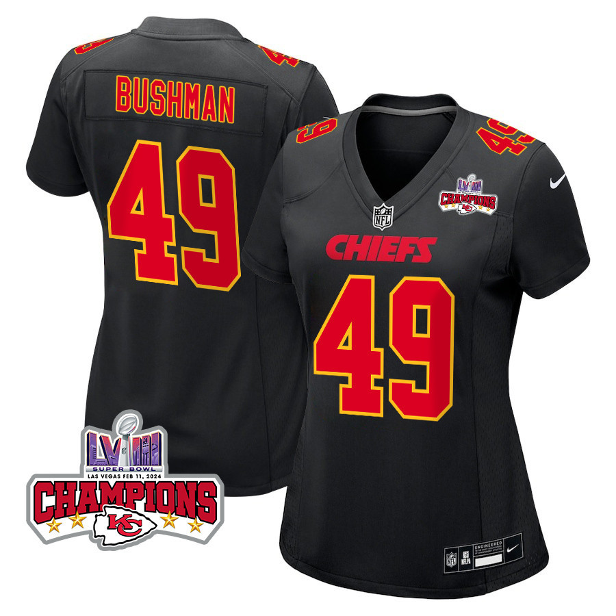 Matt Bushman 49 Kansas City Chiefs Super Bowl Lviii Champions 4 Stars Patch Fashion Game Women Jersey - Carbon Black Js1469