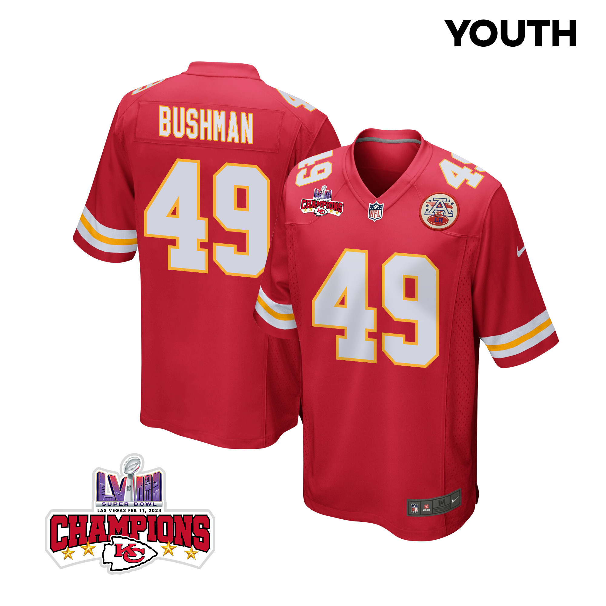 Matt Bushman 49 Kansas City Chiefs Super Bowl Lviii Champions 4 Stars Patch Game Youth Jersey - Red Js2950