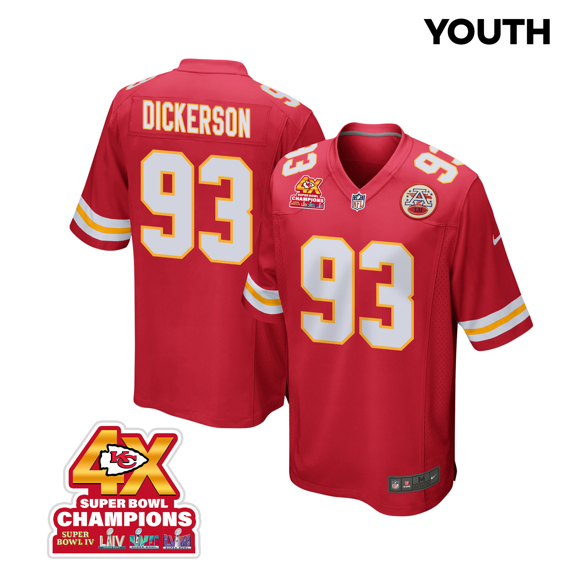 Matt Dickerson 93 Kansas City Chiefs Super Bowl Lviii Champions 4x Game Youth Jersey - Red Js3476