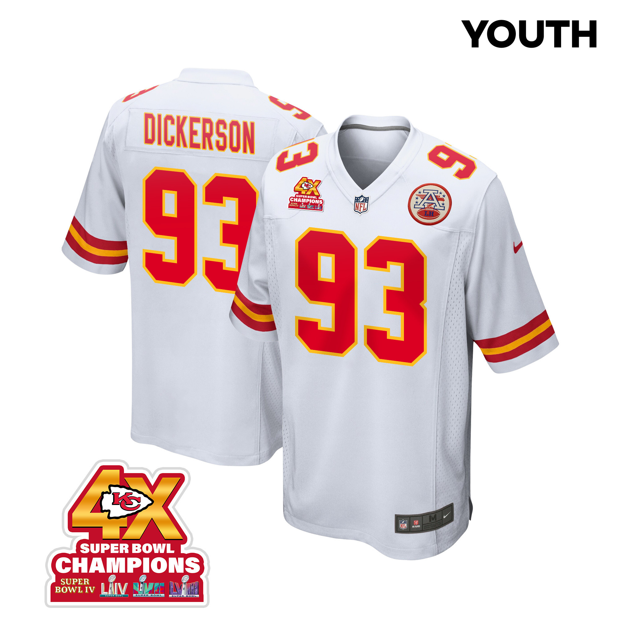 Matt Dickerson 93 Kansas City Chiefs Super Bowl Lviii Champions 4x Game Youth Jersey - White Js2018