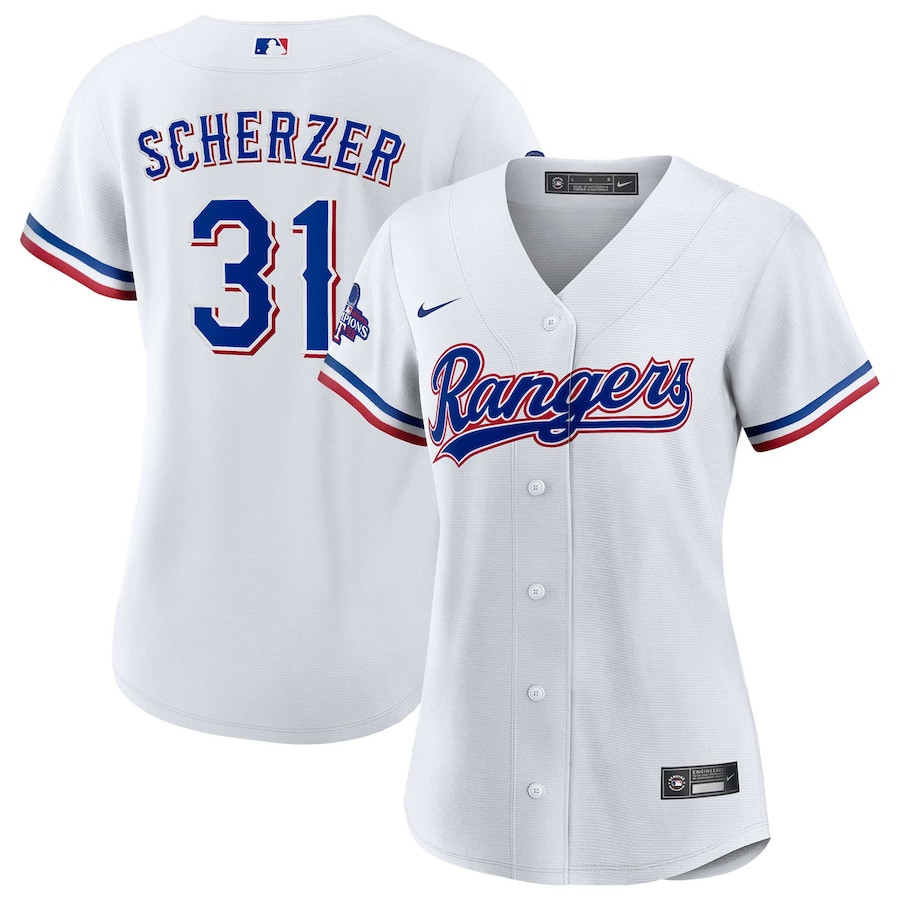 Max Scherzer 31 Texas Rangers Home 2023 World Series Champions Women Jersey - White