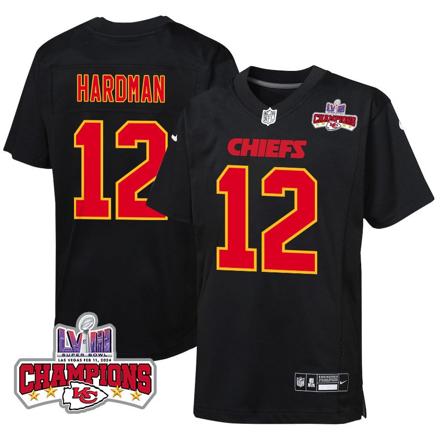 Mecole Hardman 12 Kansas City Chiefs Super Bowl Lviii Champions 4 Stars Patch Fashion Game Youth Jersey - Carbon Black Js8084