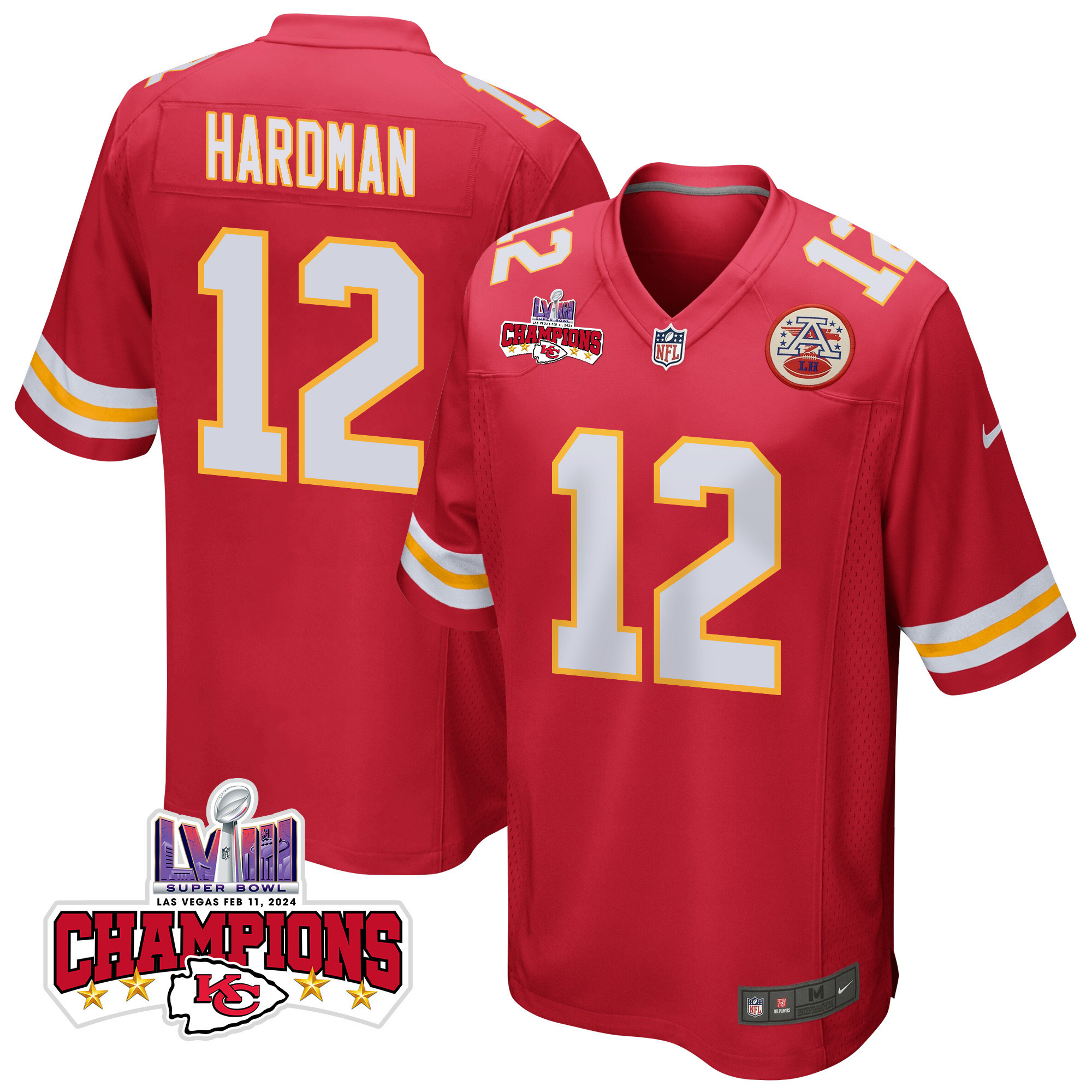 Mecole Hardman 12 Kansas City Chiefs Super Bowl Lviii Champions 4 Stars Patch Game Men Jersey - Red Js3105