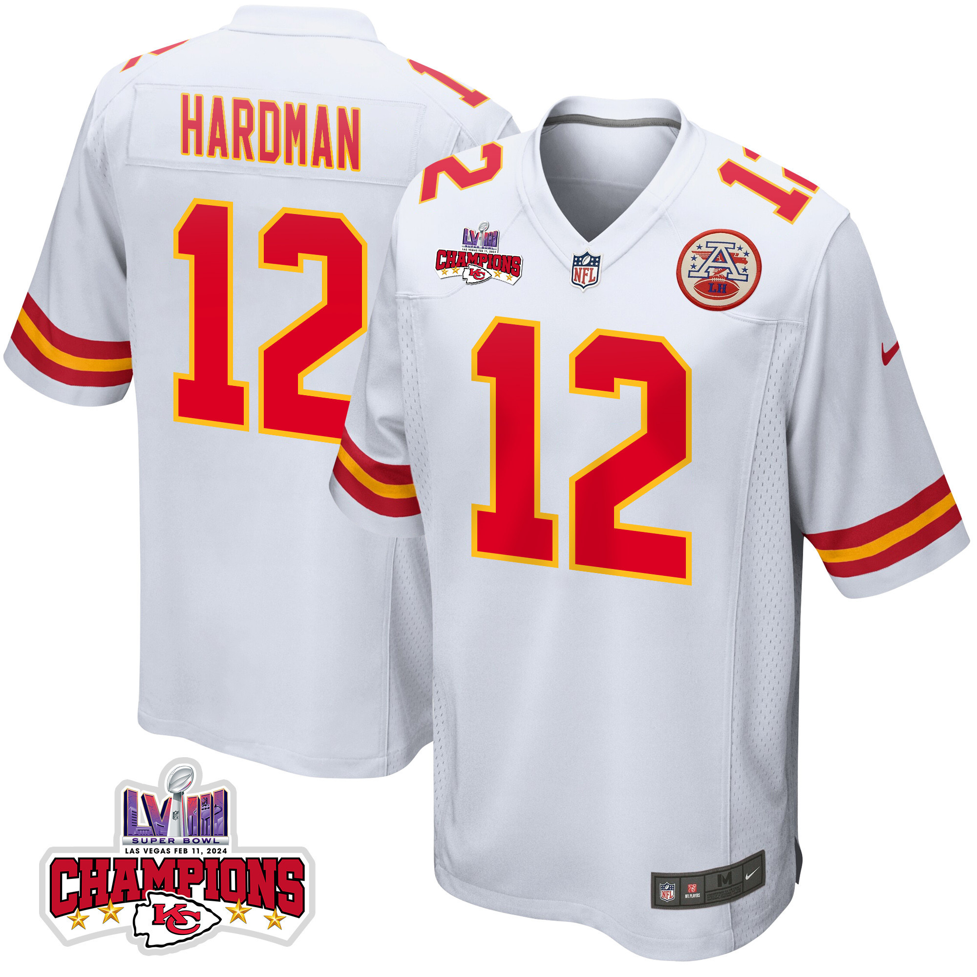 Mecole Hardman 12 Kansas City Chiefs Super Bowl Lviii Champions 4 Stars Patch Game Men Jersey - White Js2959