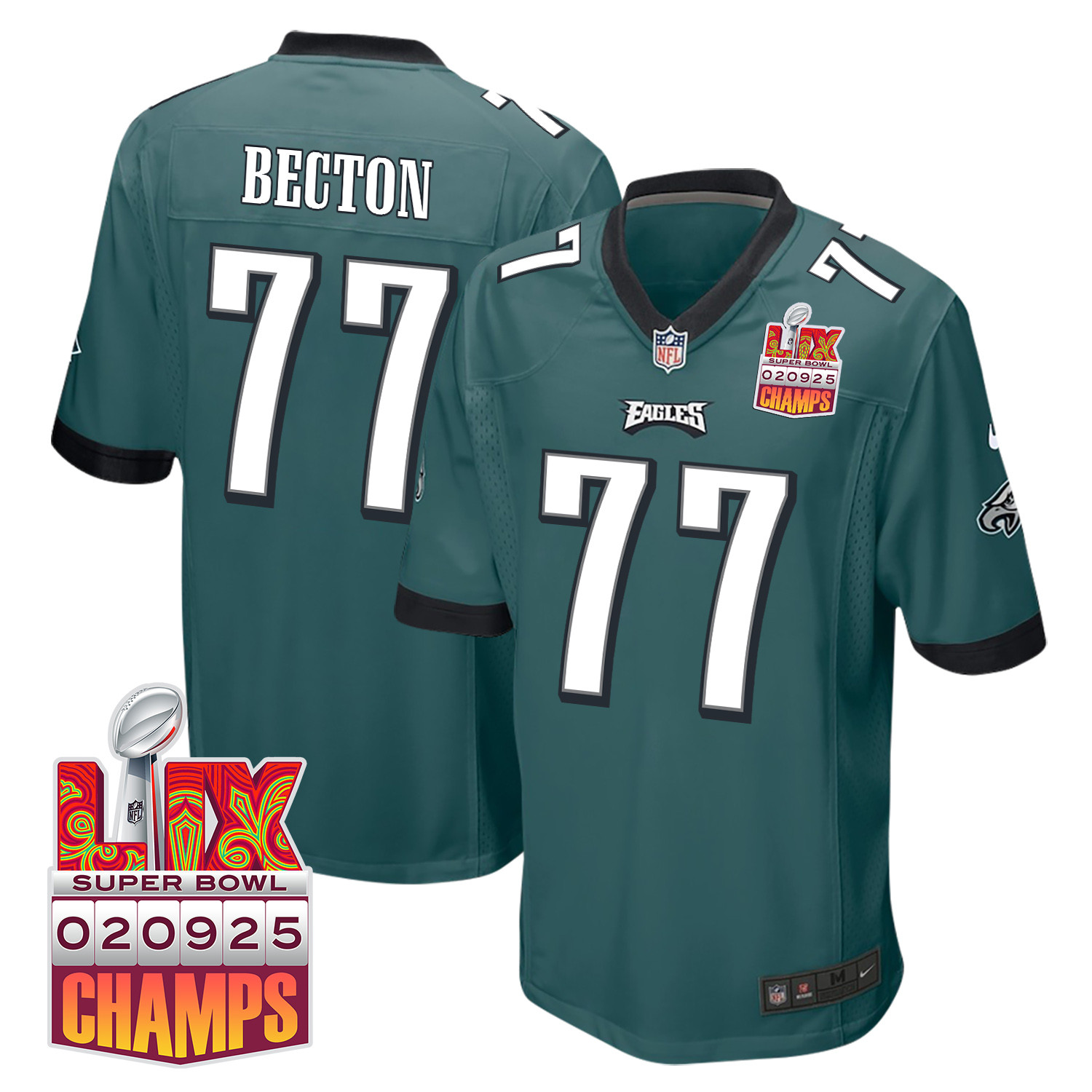 Mekhi Becton 77 Philadelphia Eagles Super Bowl Lix Champions Patch Game Men Jersey - Midnight Green Js9965