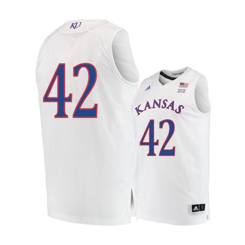 Men 42 Hunter Mickelson White Kansas Jayhawks Basketball Jersey