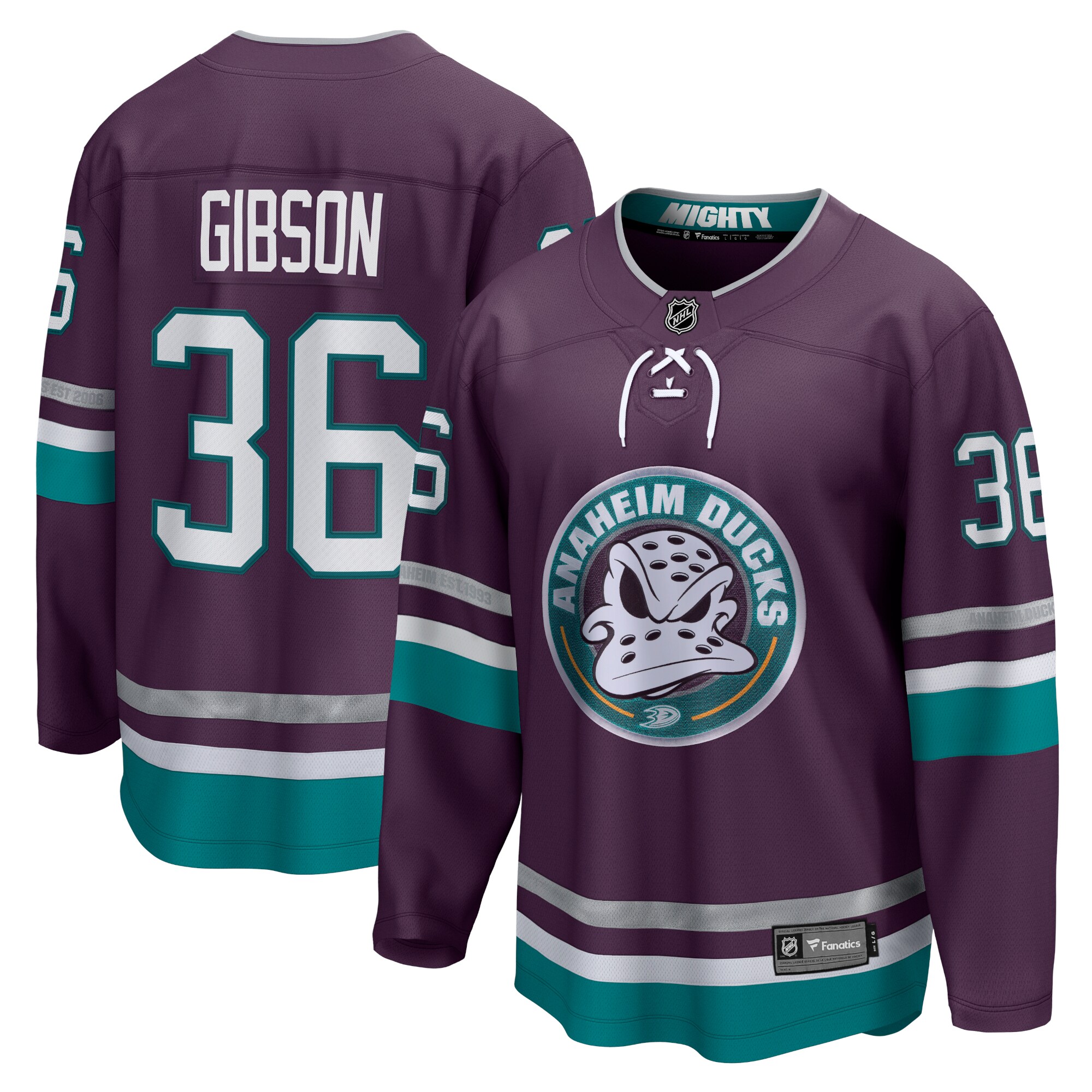 Men's Anaheim Ducks John Gibson Purple 30th Anniversary Premier Breakaway Jersey