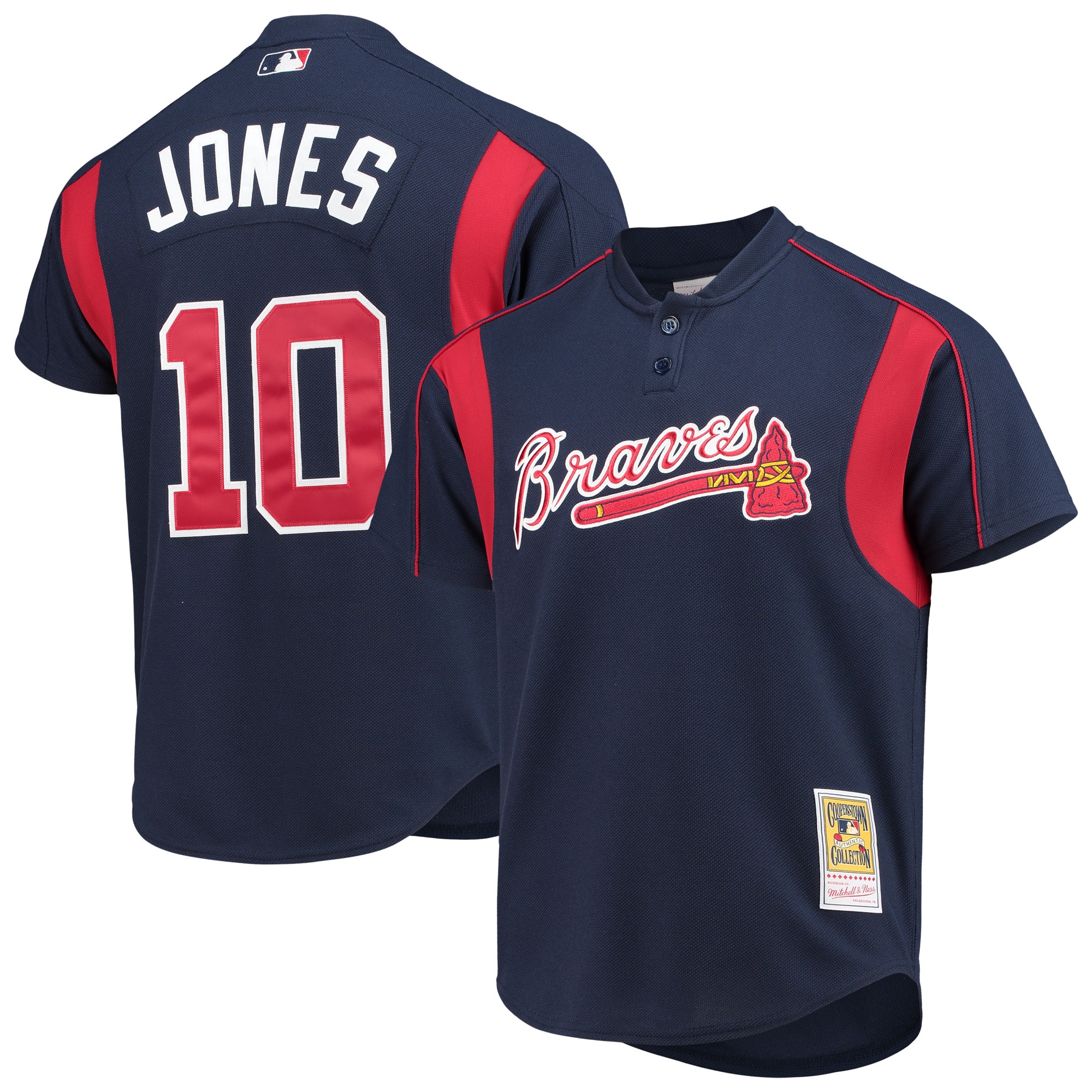 Men's Atlanta Braves Chipper Jones Mitchell & Ness Navy Cooperstown Collection Mesh Batting Practice Button-up Jersey