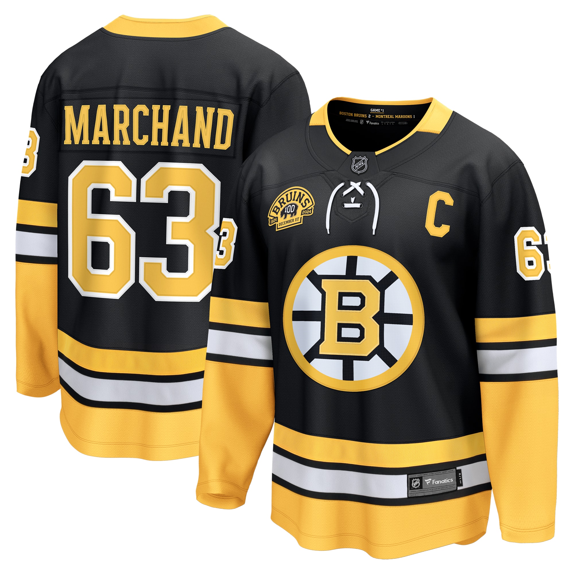 Men's Boston Bruins Brad Marchand Black 100th Anniversary Premier Breakaway Player Jersey
