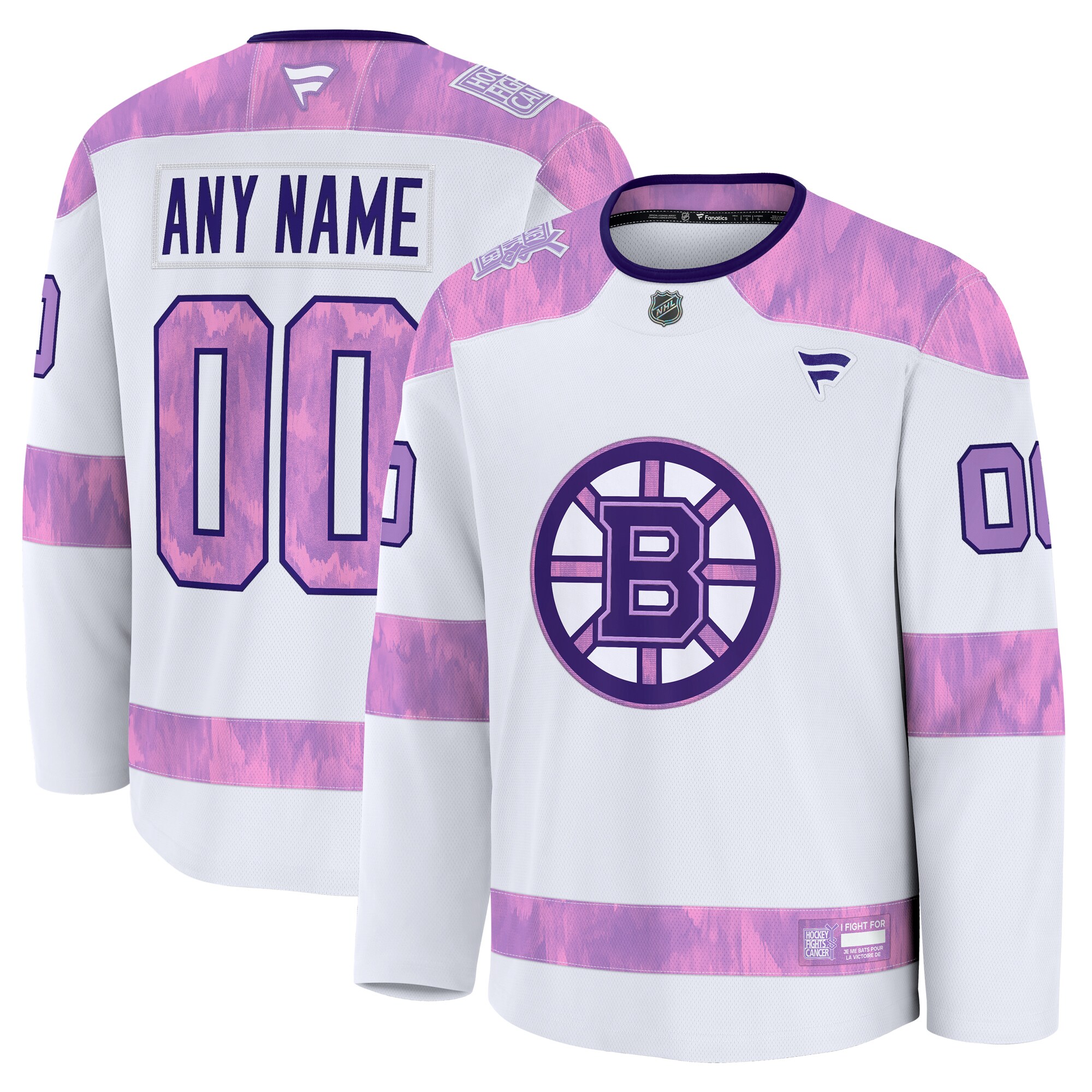 Men's Boston Bruins White 2024 Hockey Fights Cancer Custom Practice Jersey