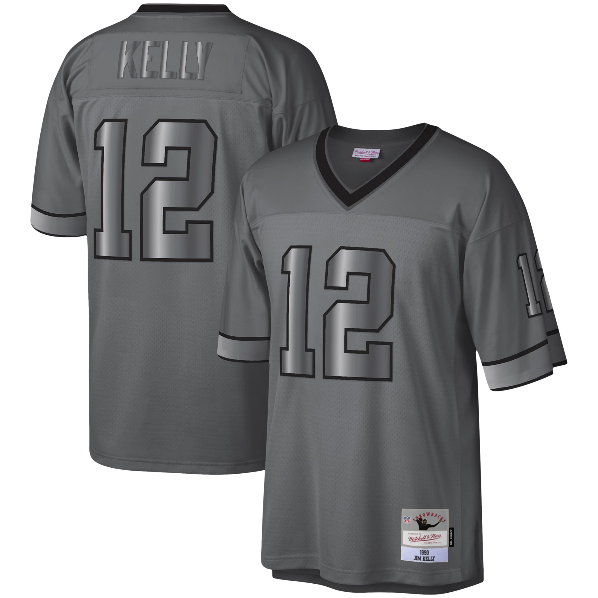Men's Buffalo Bills Jim Kelly Mitchell & Ness Charcoal 1990 Retired Player Metal Legacy Jersey Js5335