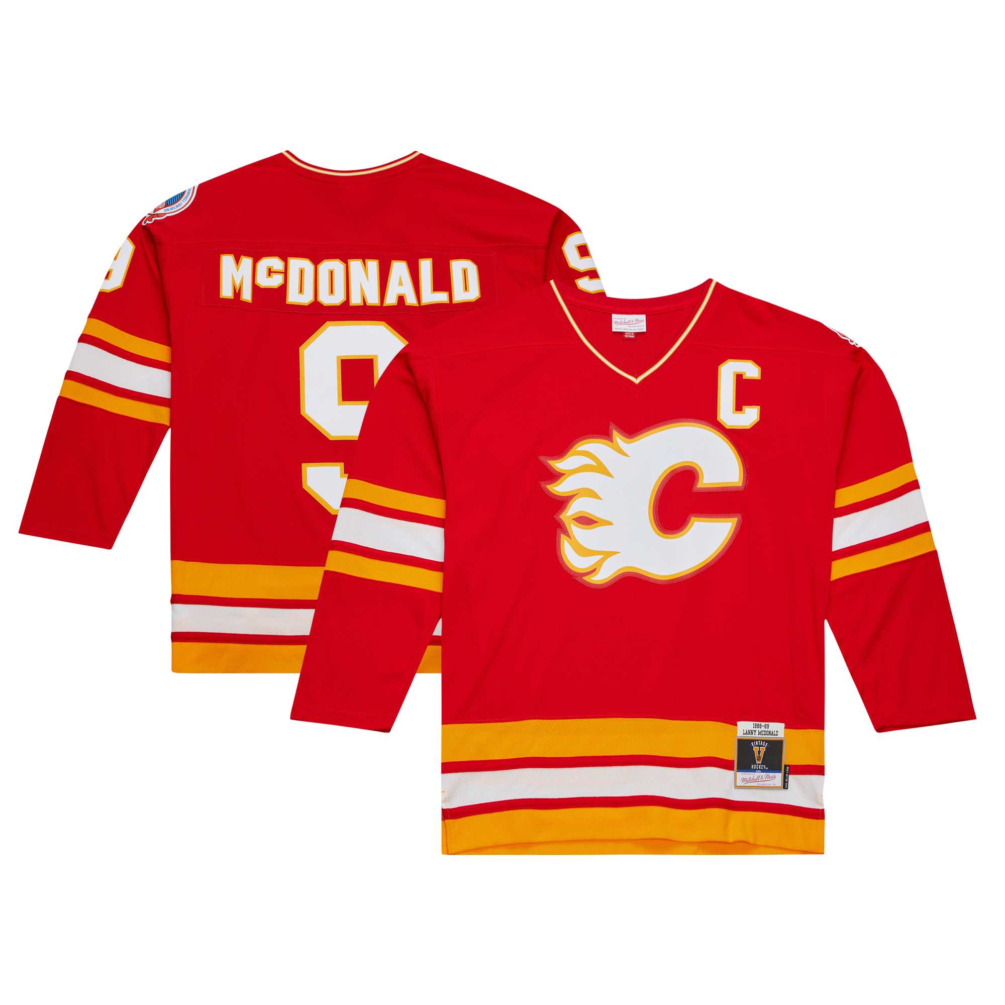 Men's Calgary Flames Lanny Mcdonald Mitchell & Ness Red Captain Patch 1988/89 Blue Line Player Jersey
