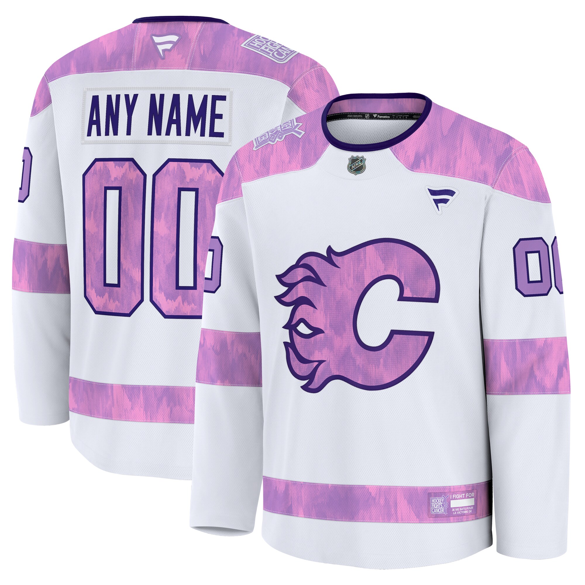Men's Calgary Flames White 2024 Hockey Fights Cancer Custom Practice Jersey