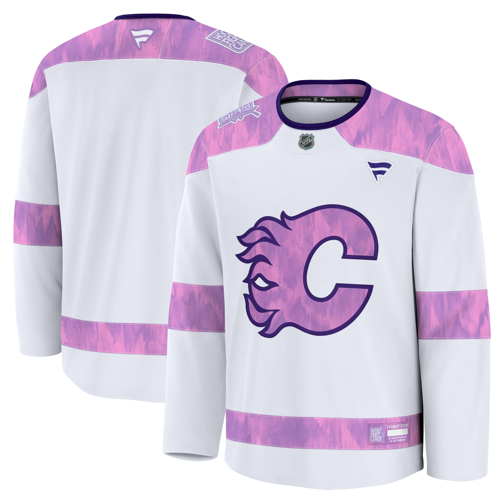 Men's Calgary Flames White 2024 Hockey Fights Cancer Practice Jersey