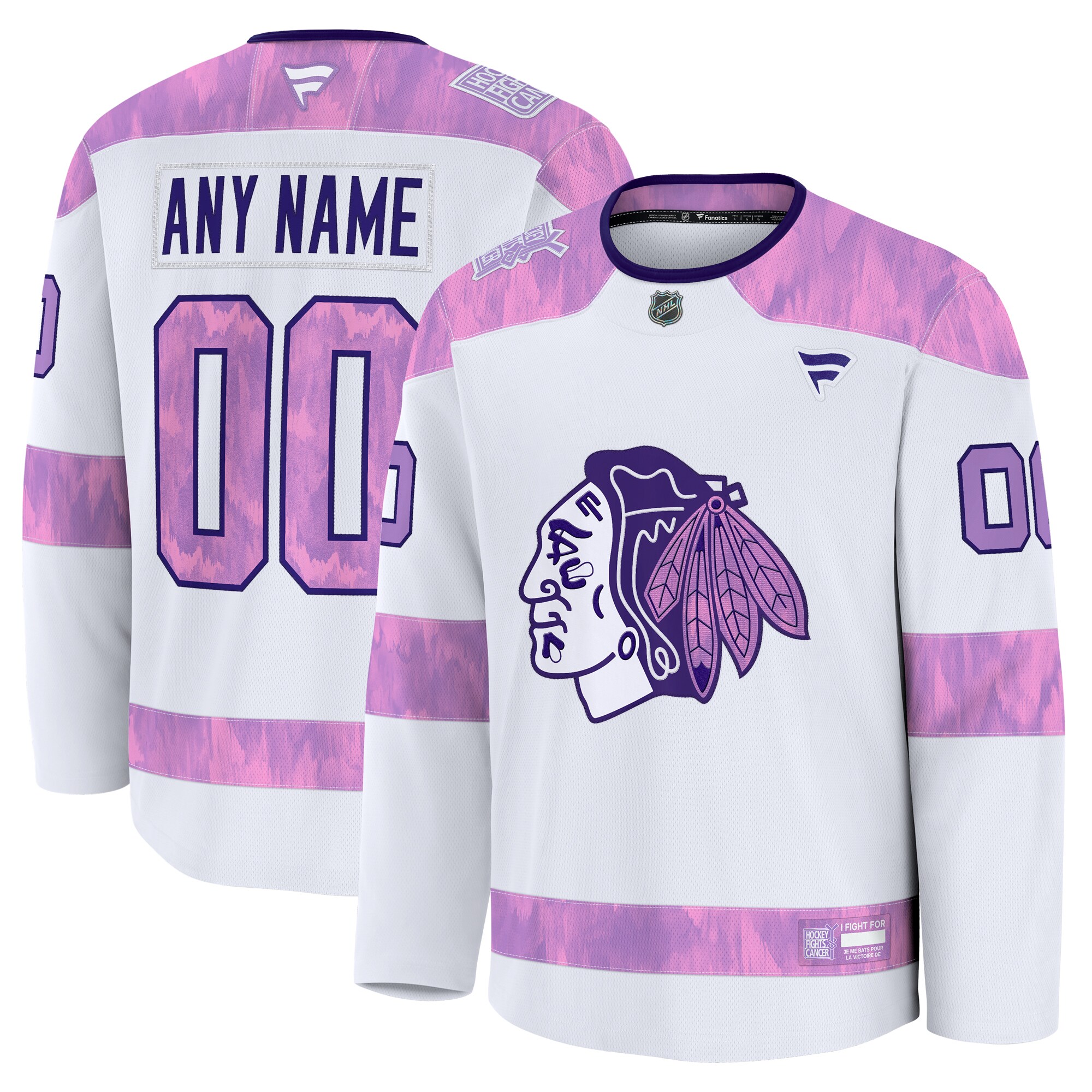 Men's Chicago Blackhawks White 2024 Hockey Fights Cancer Custom Practice Jersey