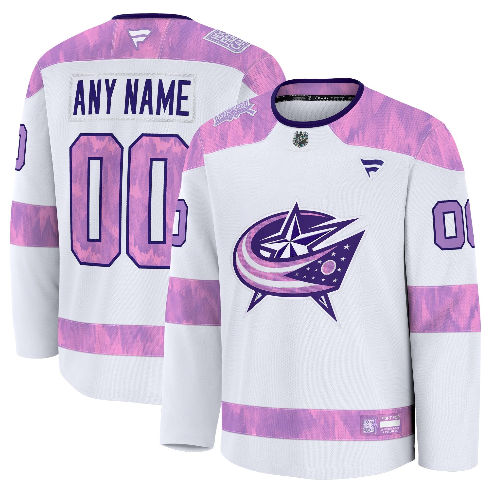 Men's Columbus Blue Jackets White 2024 Hockey Fights Cancer Custom Practice Jersey