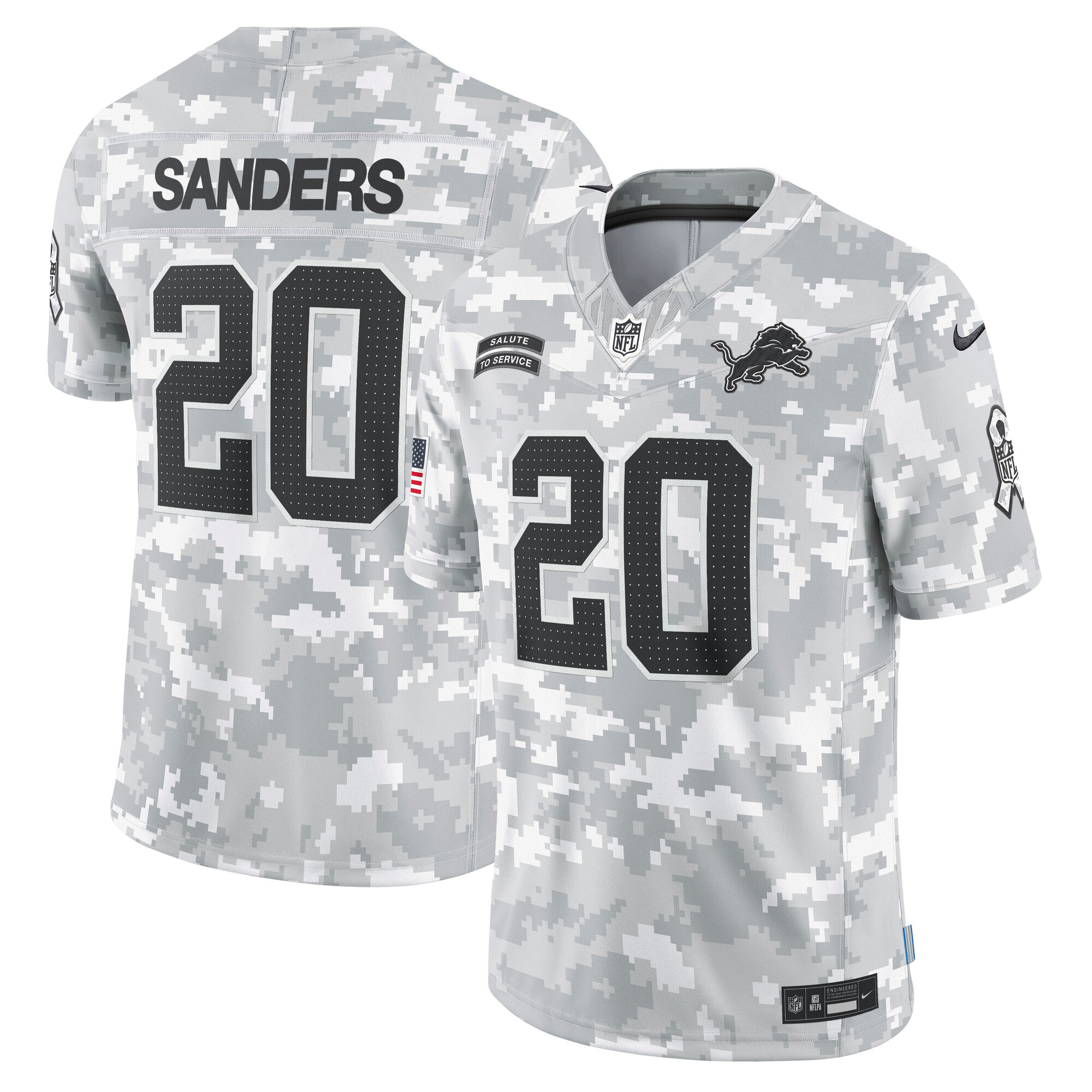 Men's Detroit Lions Barry Sanders Arctic Camo 2024 Salute To Service Retired Player Limited Jersey Js2709