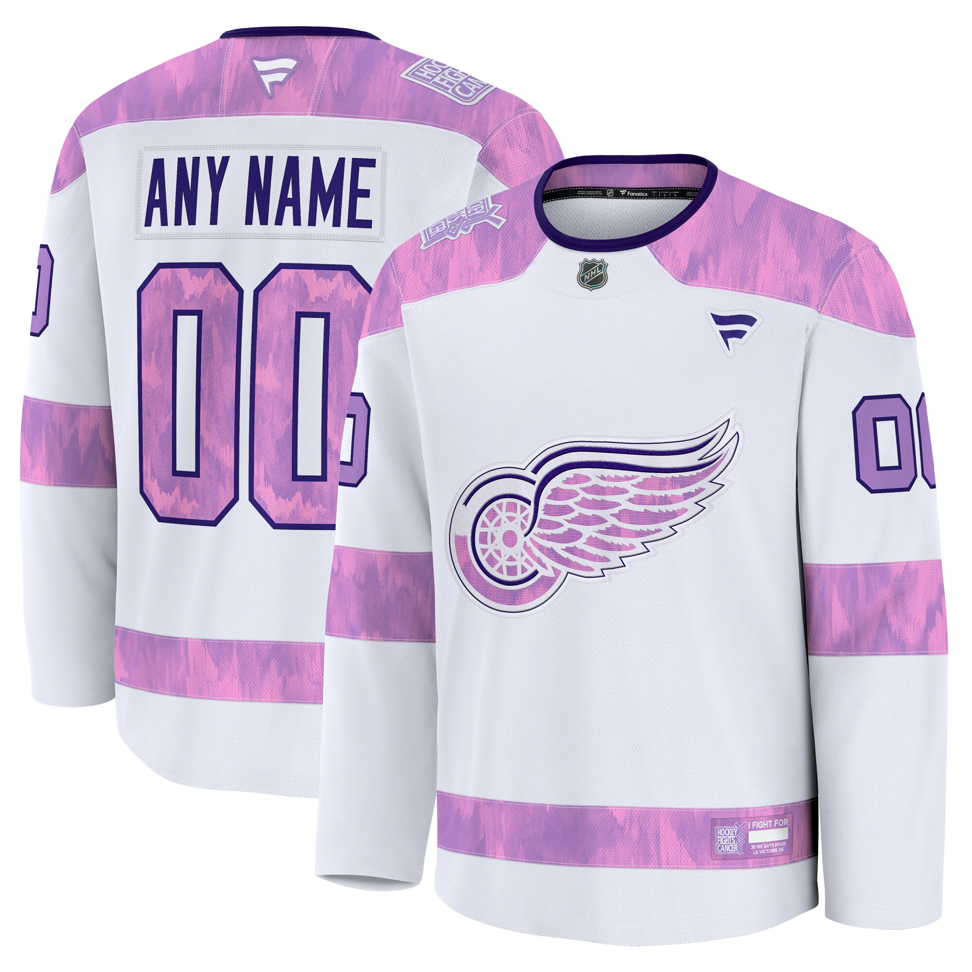 Men's Detroit Red Wings White 2024 Hockey Fights Cancer Custom Practice Jersey
