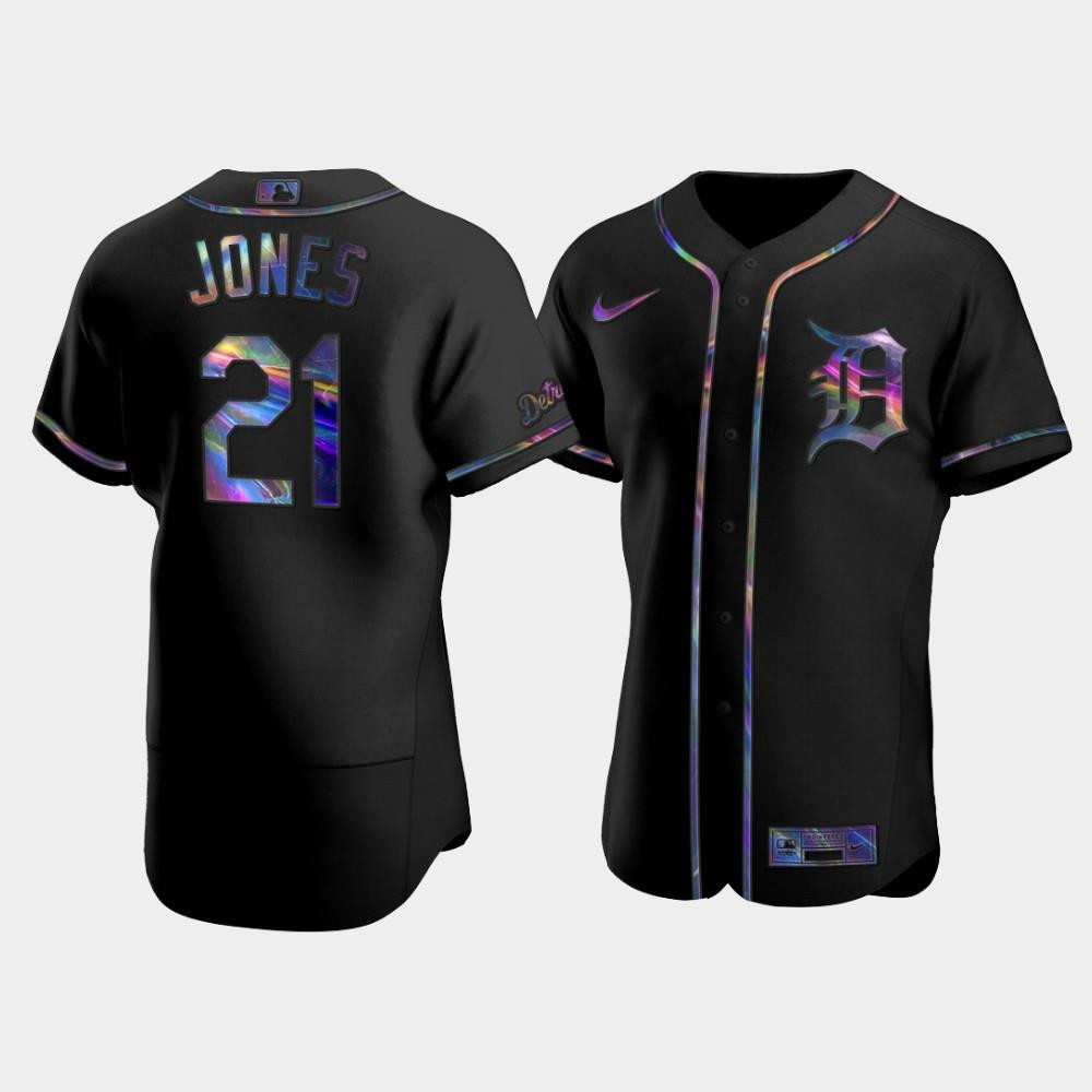 Men's Detroit Tigers Jacoby Jones 21 Black Golden Edition Holographic Jersey