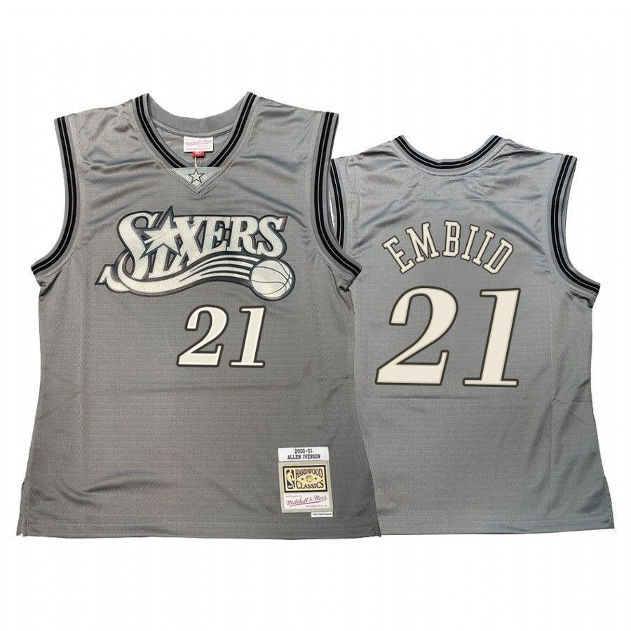 Men's Joel Embiid 21 Philadelphia 76ers Hardwood Classics Jersey Gray