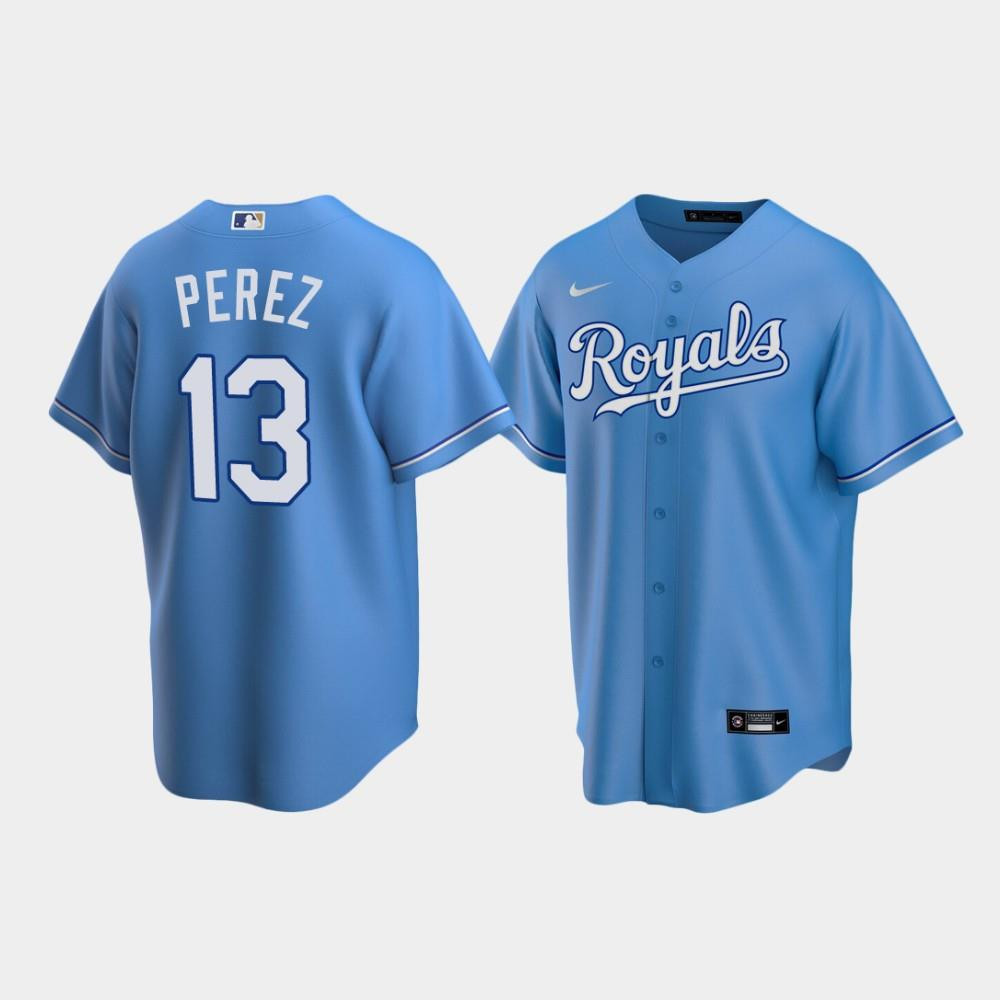 Men's Kansas City Royals 13 Salvador Perez Light Blue Alternate Jersey