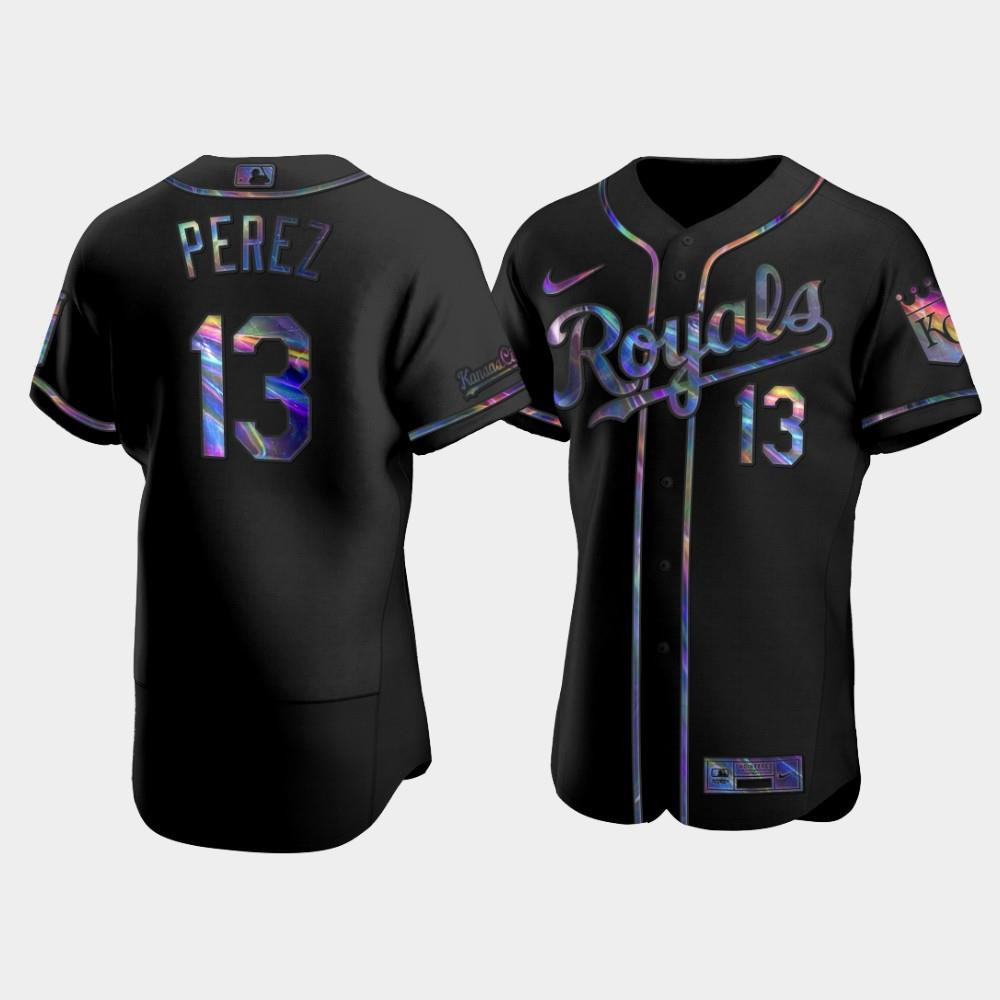 Men's Kansas City Royals Salvador Perez 13 Black Golden Edition Holographic Jersey