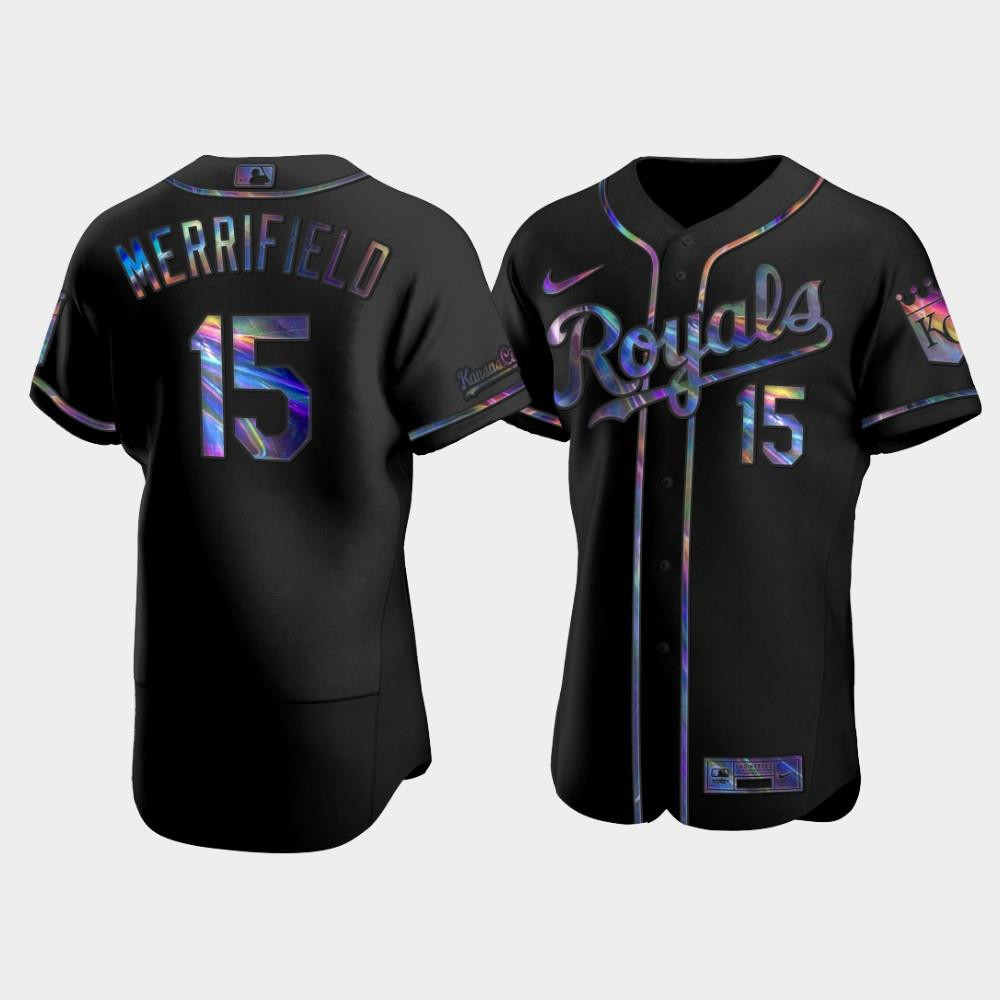 Men's Kansas City Royals Whit Merrifield 15 Black Golden Edition Holographic Jersey