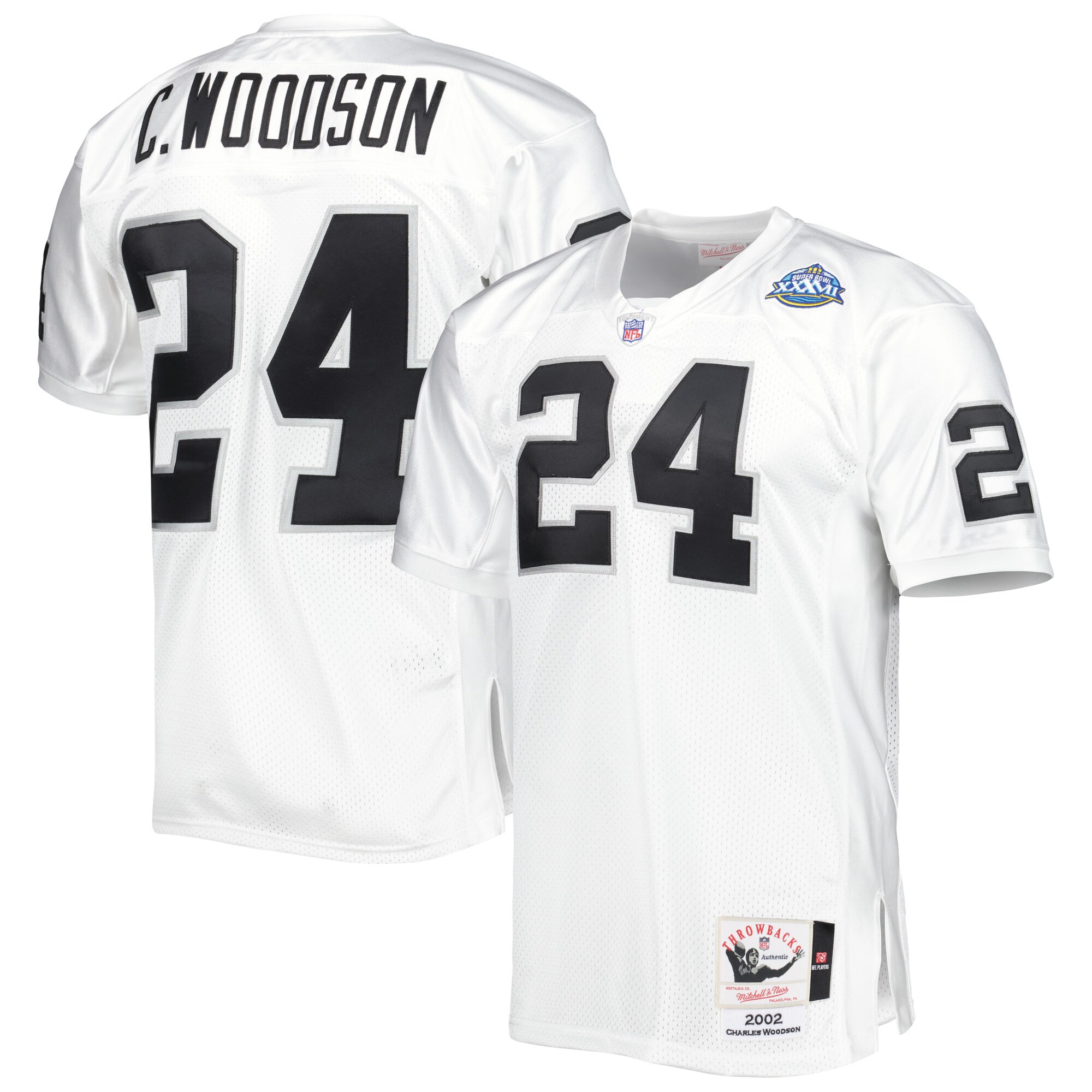 Men's Las Vegas Raiders 2002 Charles Woodson Mitchell & Ness White Throwback Retired Player Jersey Js9986