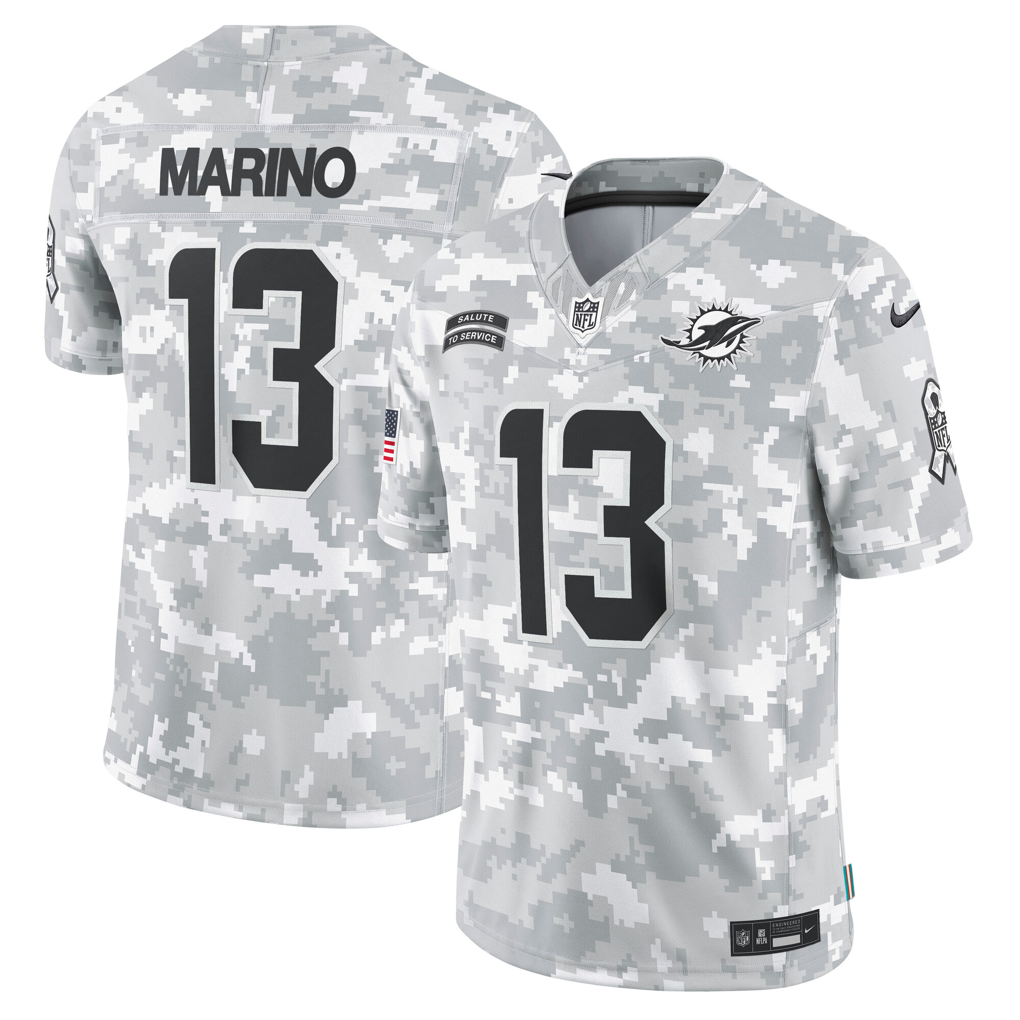 Men's Miami Dolphins Dan Marino Arctic Camo 2024 Salute To Service Retired Player Limited Jersey Js7065