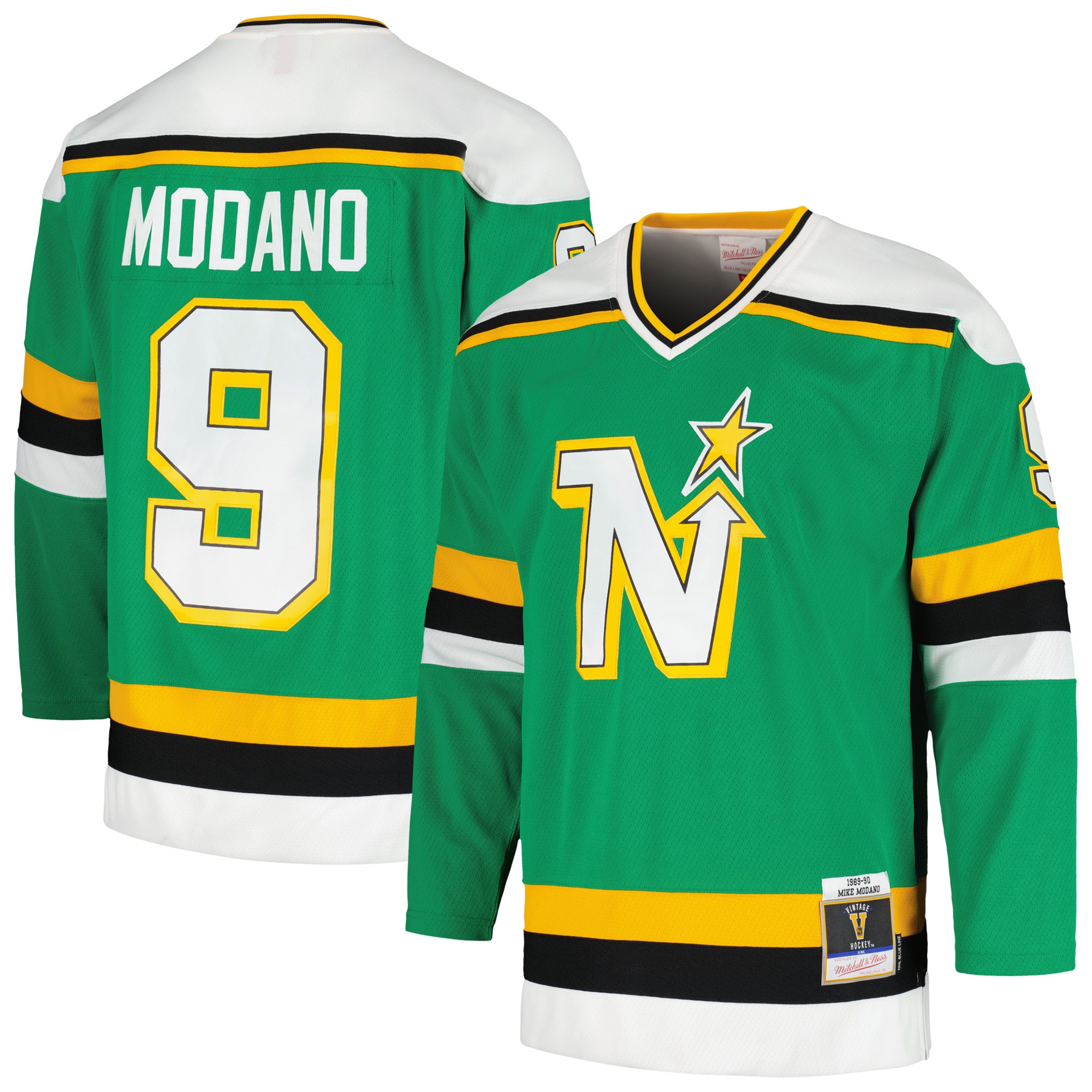 Men's Minnesota North Stars Mike Modano Mitchell & Ness Kelly Green Men's 1989/90 Blue Line Player Jersey