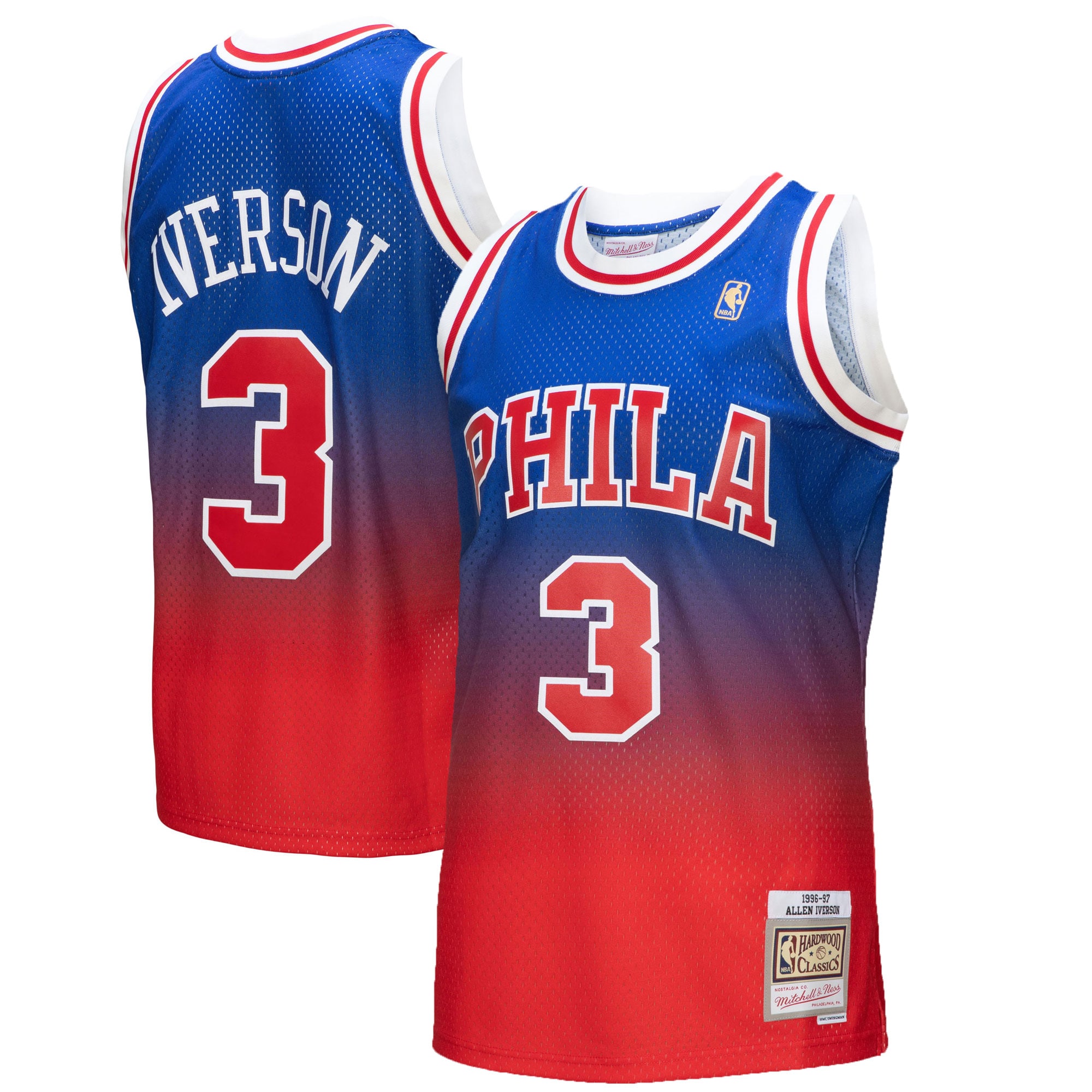 Men's Mitchell & Ness Allen Iverson Red/royal Philadelphia 76ers 1996/97 Hardwood Classics Fadeaway Swingman Player Jersey