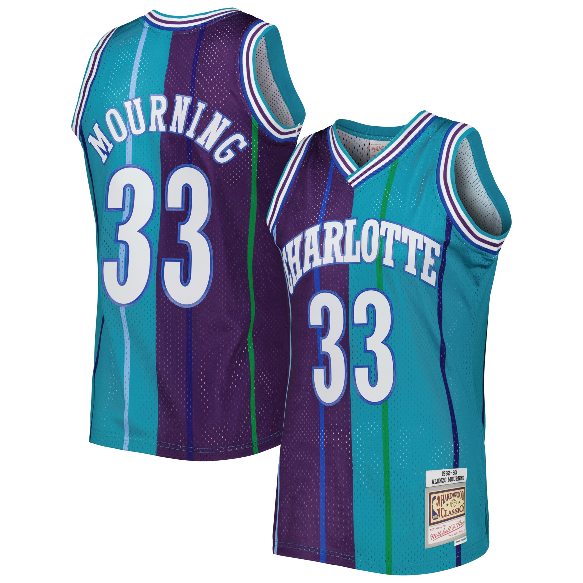 Men's Mitchell & Ness Alonzo Mourning Teal/purple Charlotte Hornets Hardwood Classics 1992/93 Split Swingman Jersey