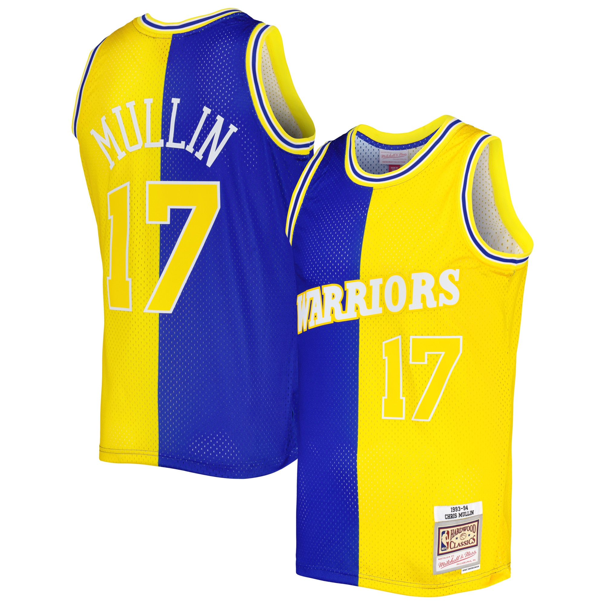 Men's Mitchell & Ness Chris Mullin Royal/gold Golden State Warriors Hardwood Classics 1993/94 Split Swingman Jersey