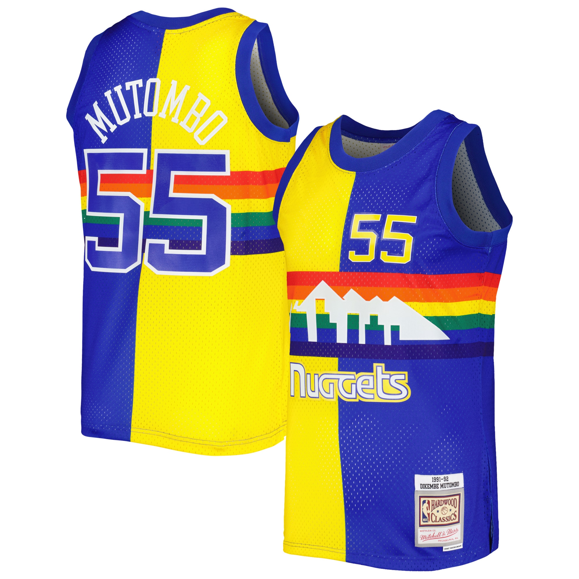 Men's Mitchell & Ness Dikembe Mutombo Royal/gold Denver Nuggets Hardwood Classics 1991/92 Split Swingman Jersey