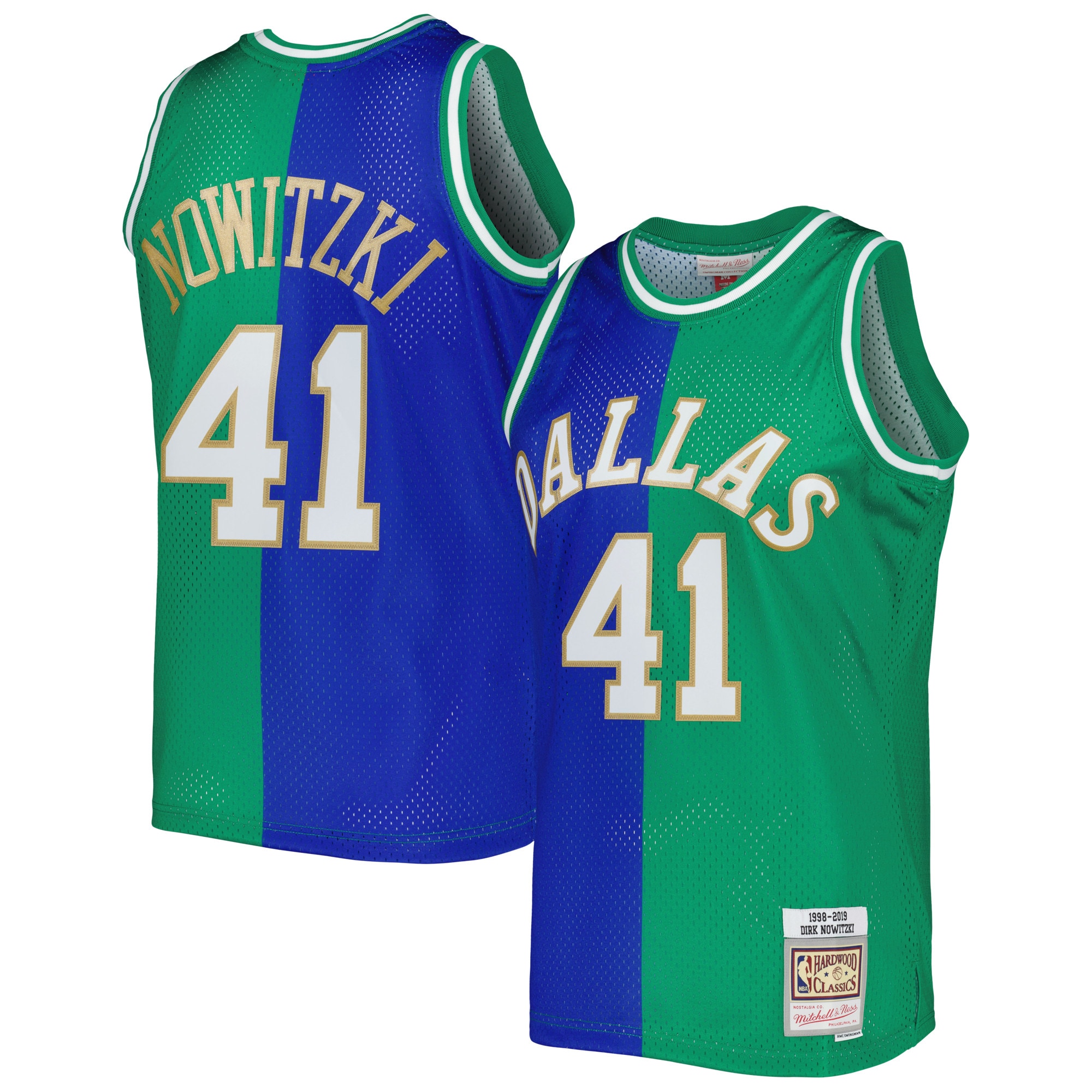 Men's Mitchell & Ness Dirk Nowitzki Blue/green Dallas Mavericks Hardwood Classics 1998/2019 Split Swingman Jersey