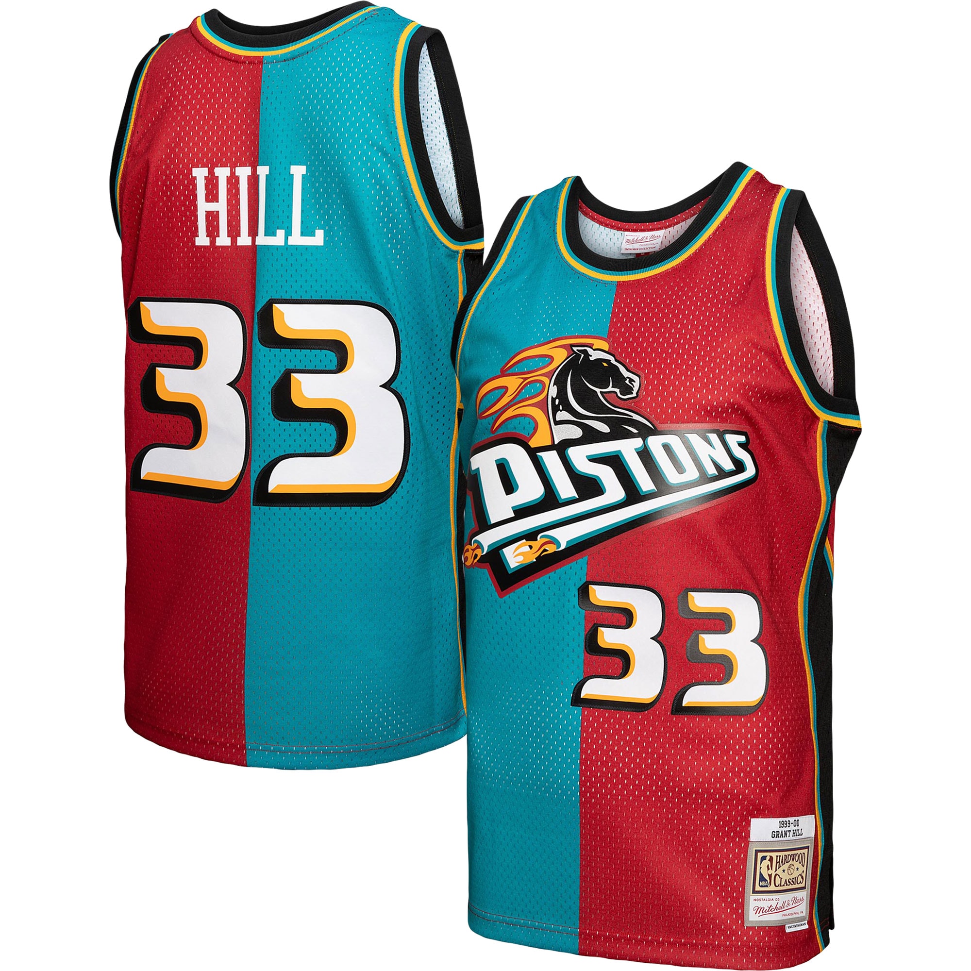 Men's Mitchell & Ness Grant Hill Teal/red Detroit Pistons Hardwood Classics 1999/00 Split Swingman Jersey