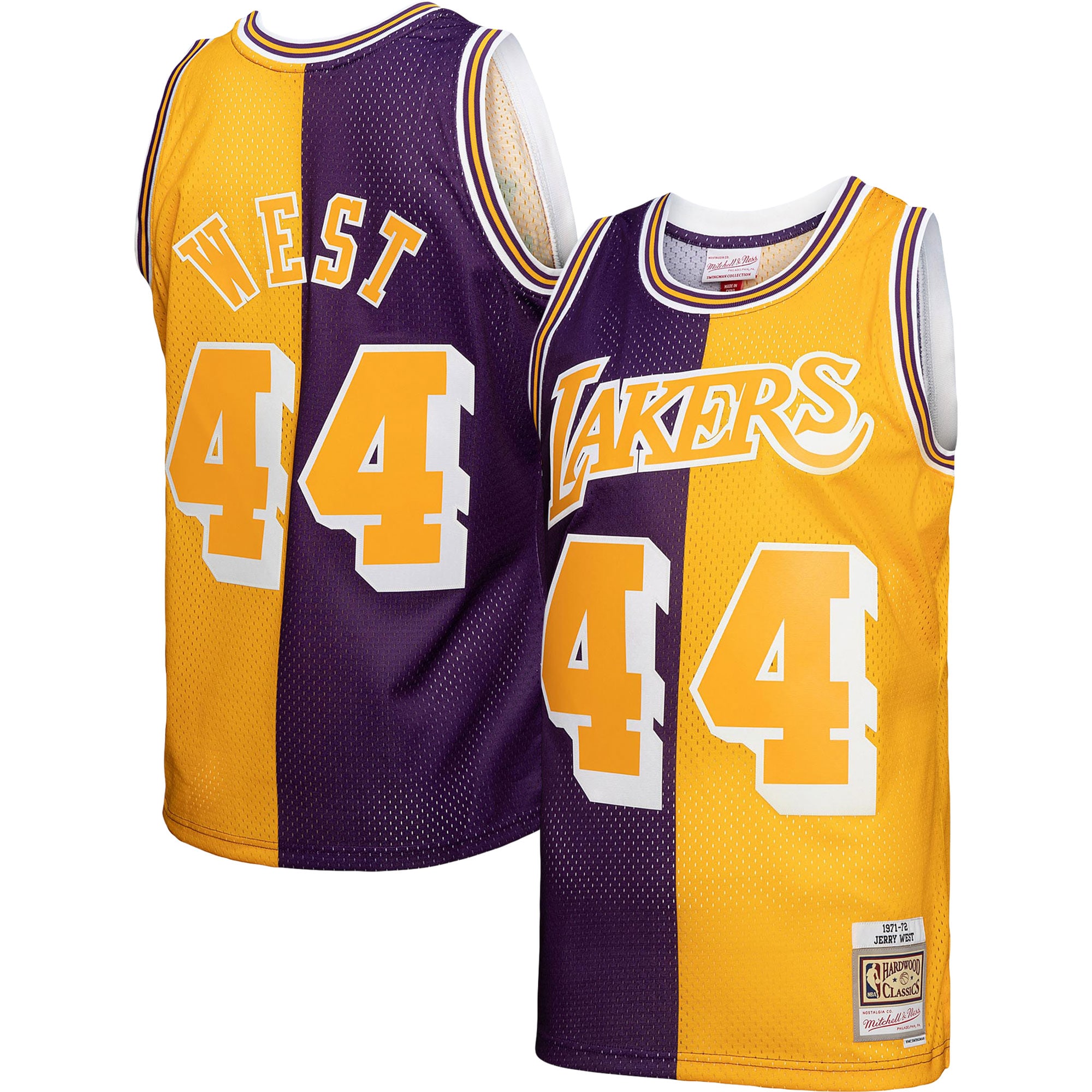 Men's Mitchell & Ness Jerry West Purple/gold Los Angeles Lakers Hardwood Classics 1971/72 Split Swingman Jersey