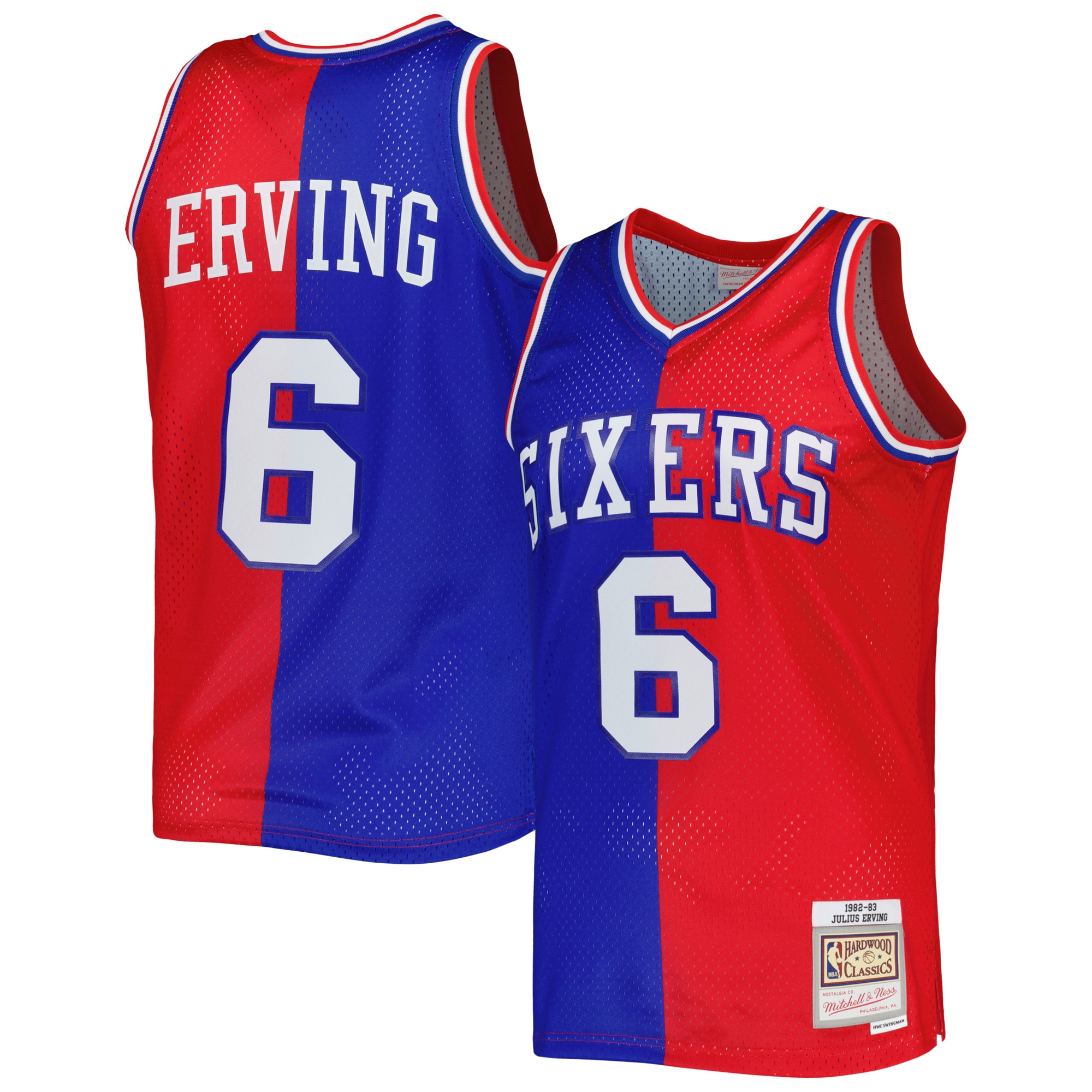 Men's Mitchell & Ness Julius Erving Royal/red Philadelphia 76ers Hardwood Classics 1982/83 Split Swingman Jersey