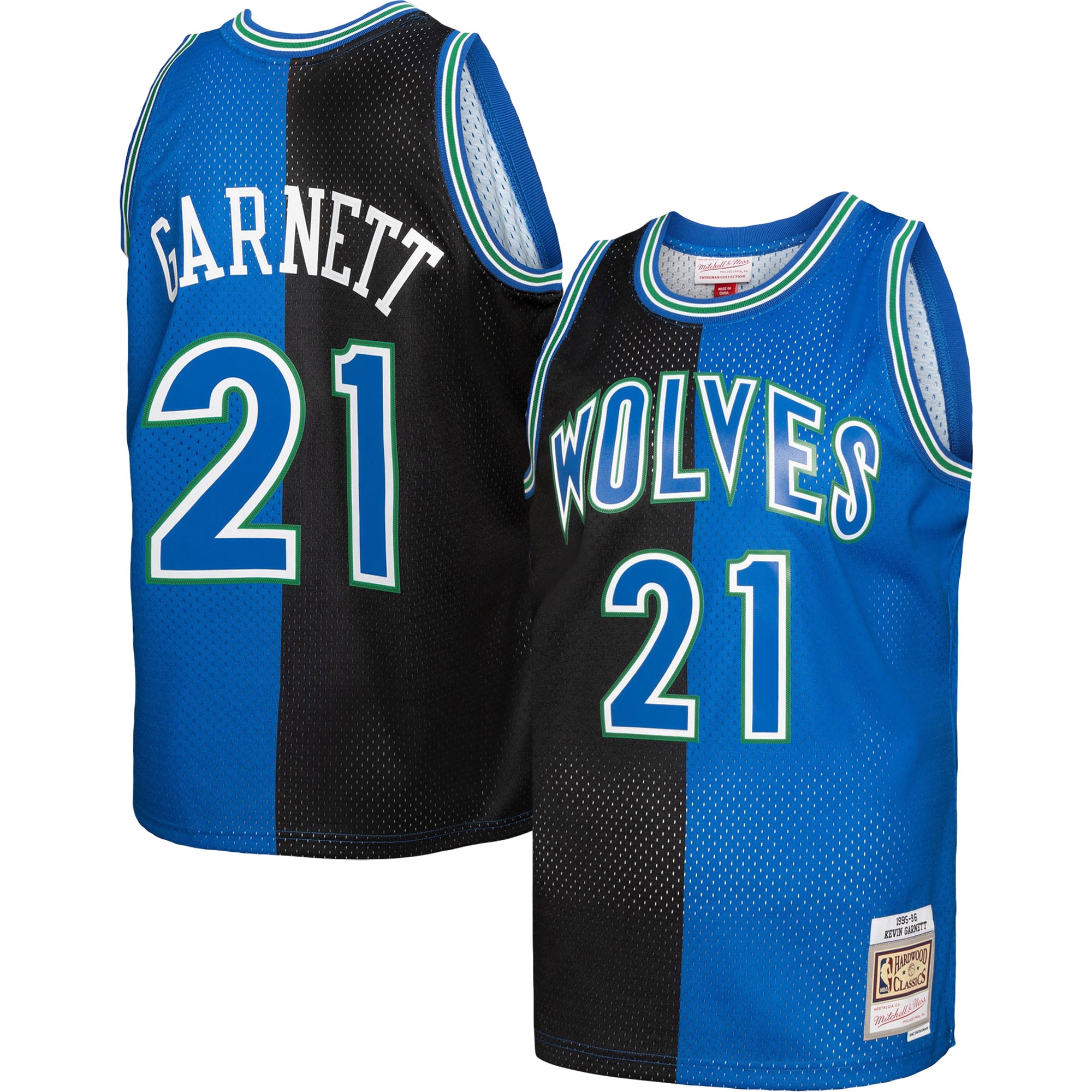 Men's Mitchell & Ness Kevin Garnett Black/blue Minnesota Timberwolves Hardwood Classics 1995/96 Split Swingman Jersey