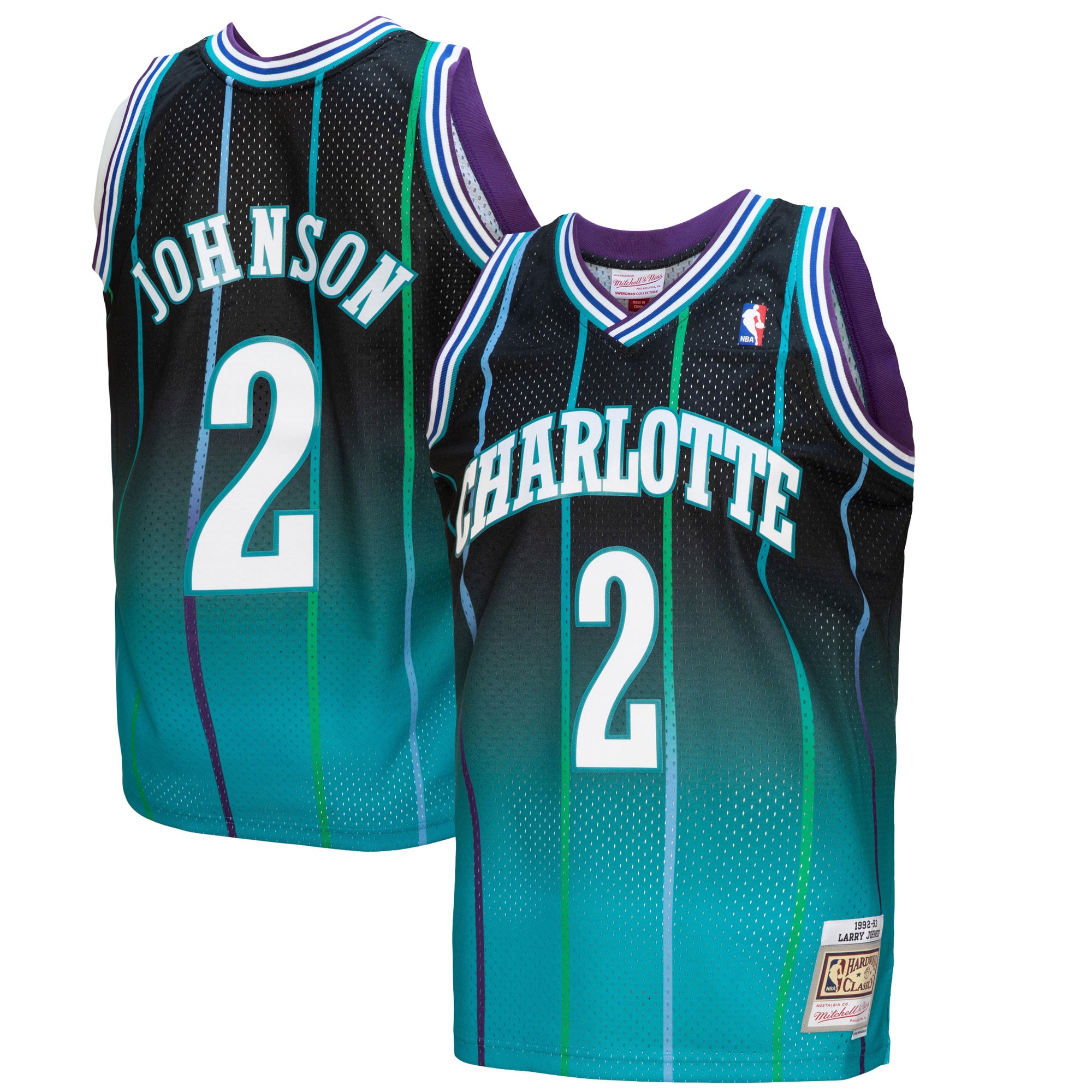 Men's Mitchell & Ness Larry Johnson Teal/black Charlotte Hornets 1992/93 Hardwood Classics Fadeaway Swingman Player Jersey