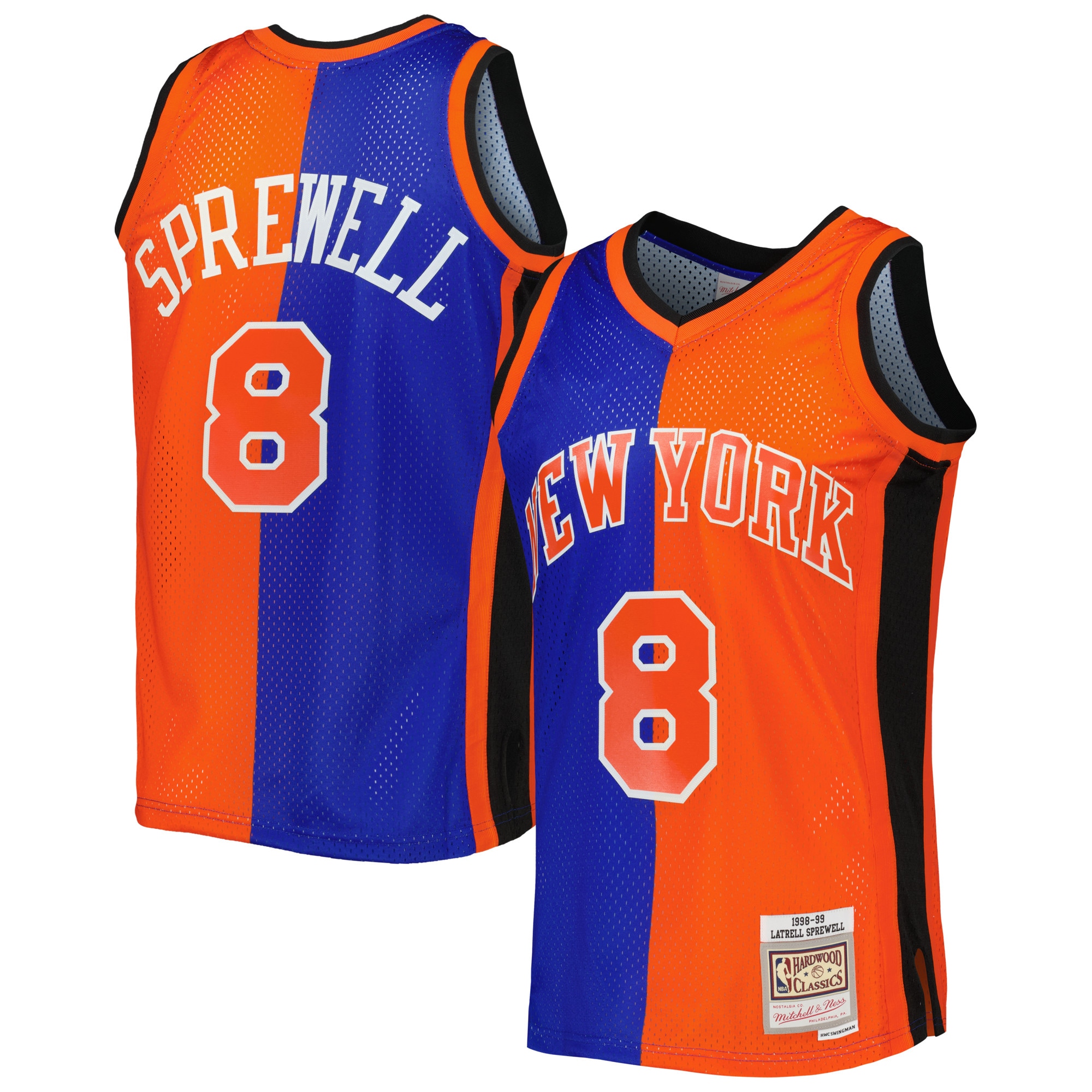 Men's Mitchell & Ness Latrell Sprewell Blue/orange New York Knicks Hardwood Classics 1998/99 Split Swingman Jersey