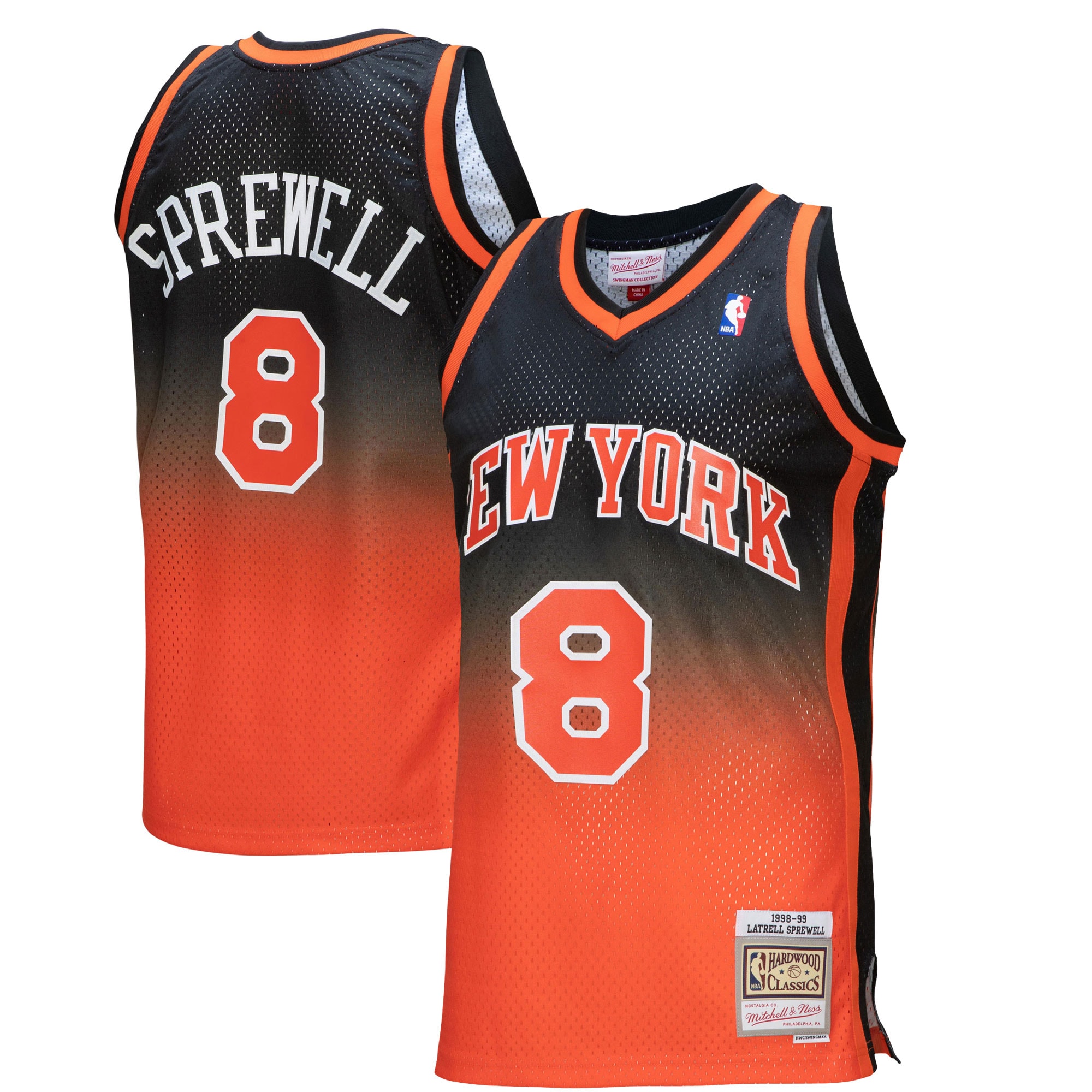 Men's Mitchell & Ness Latrell Sprewell Orange/black New York Knicks 1998/99 Hardwood Classics Fadeaway Swingman Player Jersey